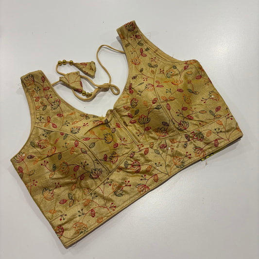 Gold Readymade Blouse with Embroidery & Attached Sleeve Fabric