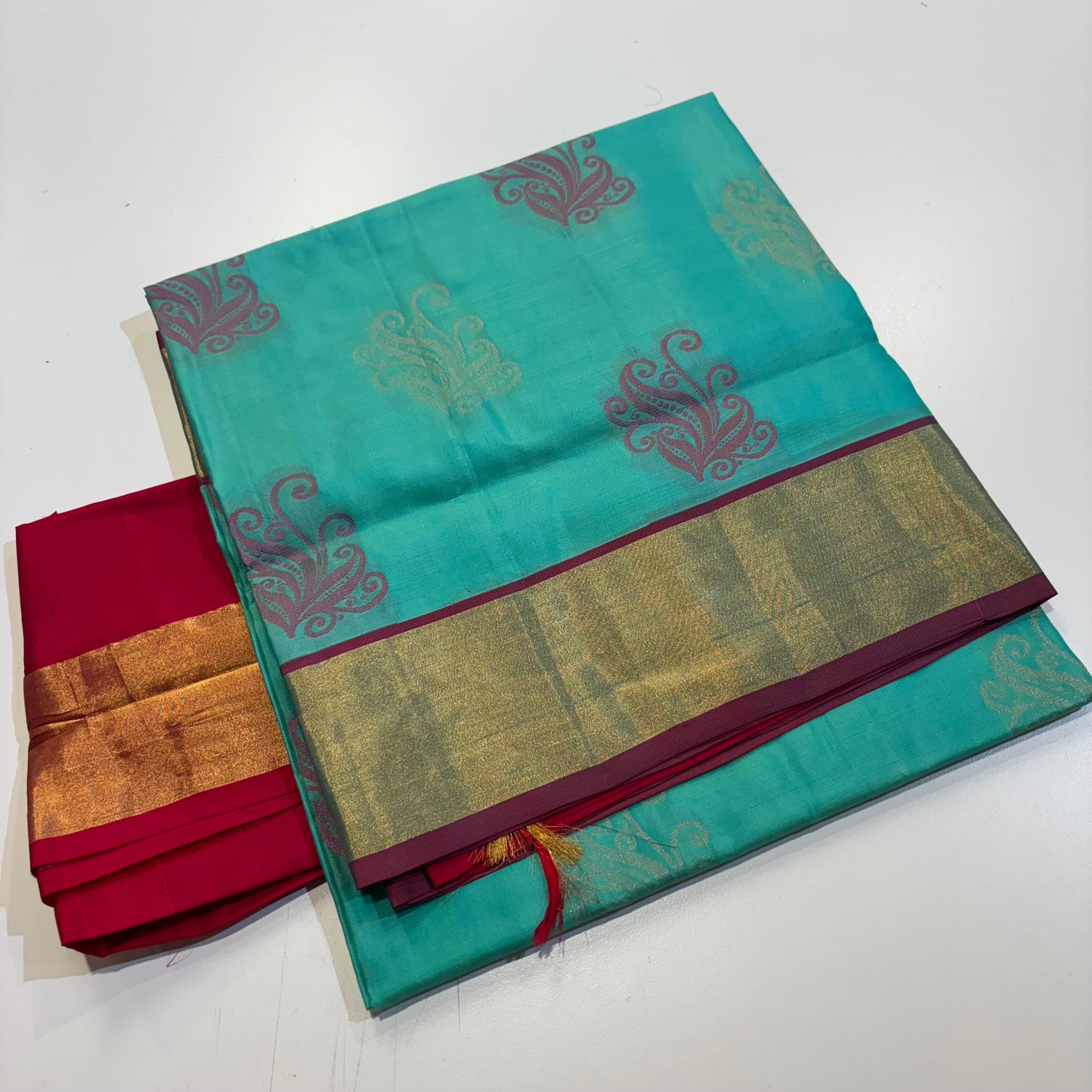 Pure Kanchipuram Silk Saree – Cyan Grace with Rani Pink Radiance