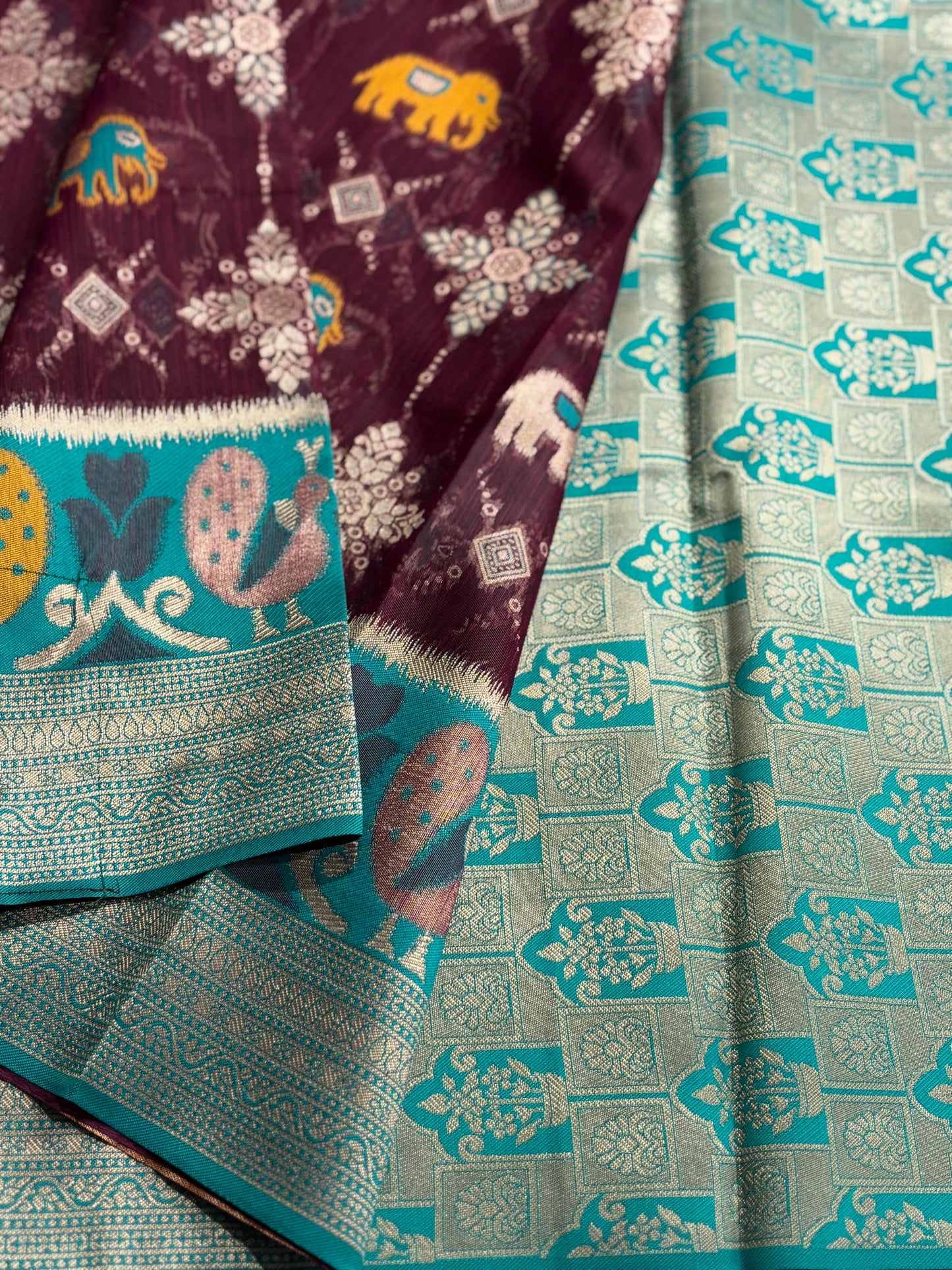 Elegant Silk‑Cotton Jamdani Saree – Burgundy Body with Sky‑Blue Border and Elephant Design