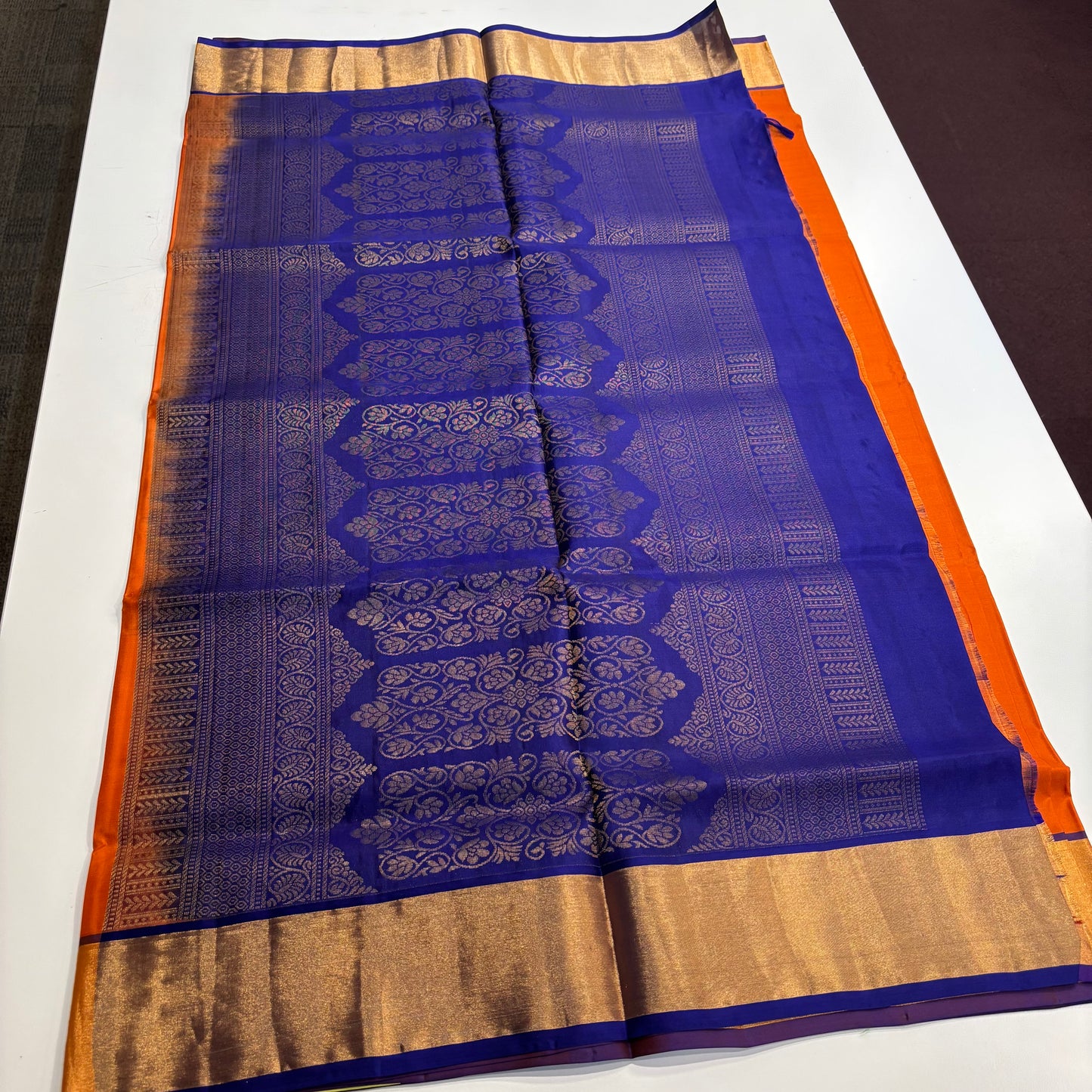Pure Kanchipuram Silk Saree – Burnt Orange with Vibrant Blue Contrast