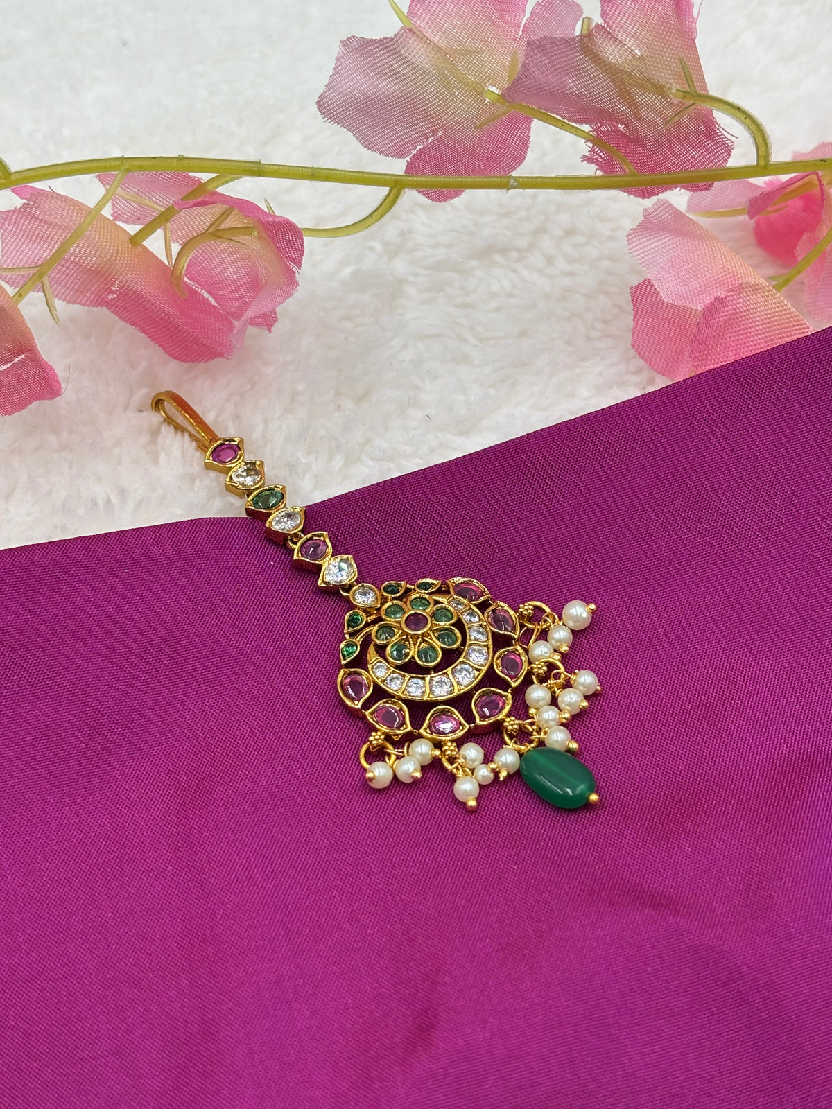 Gold Finish Floral Tikka – Green & Pink Stones with Pearls