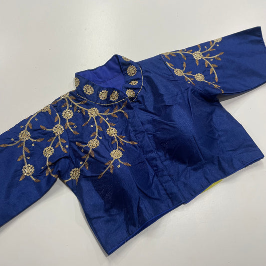 Royal Blue Collar Neck Ready-Made Blouse with Gold Embroidery – Regal Fusion for Sarees & Festive Wear