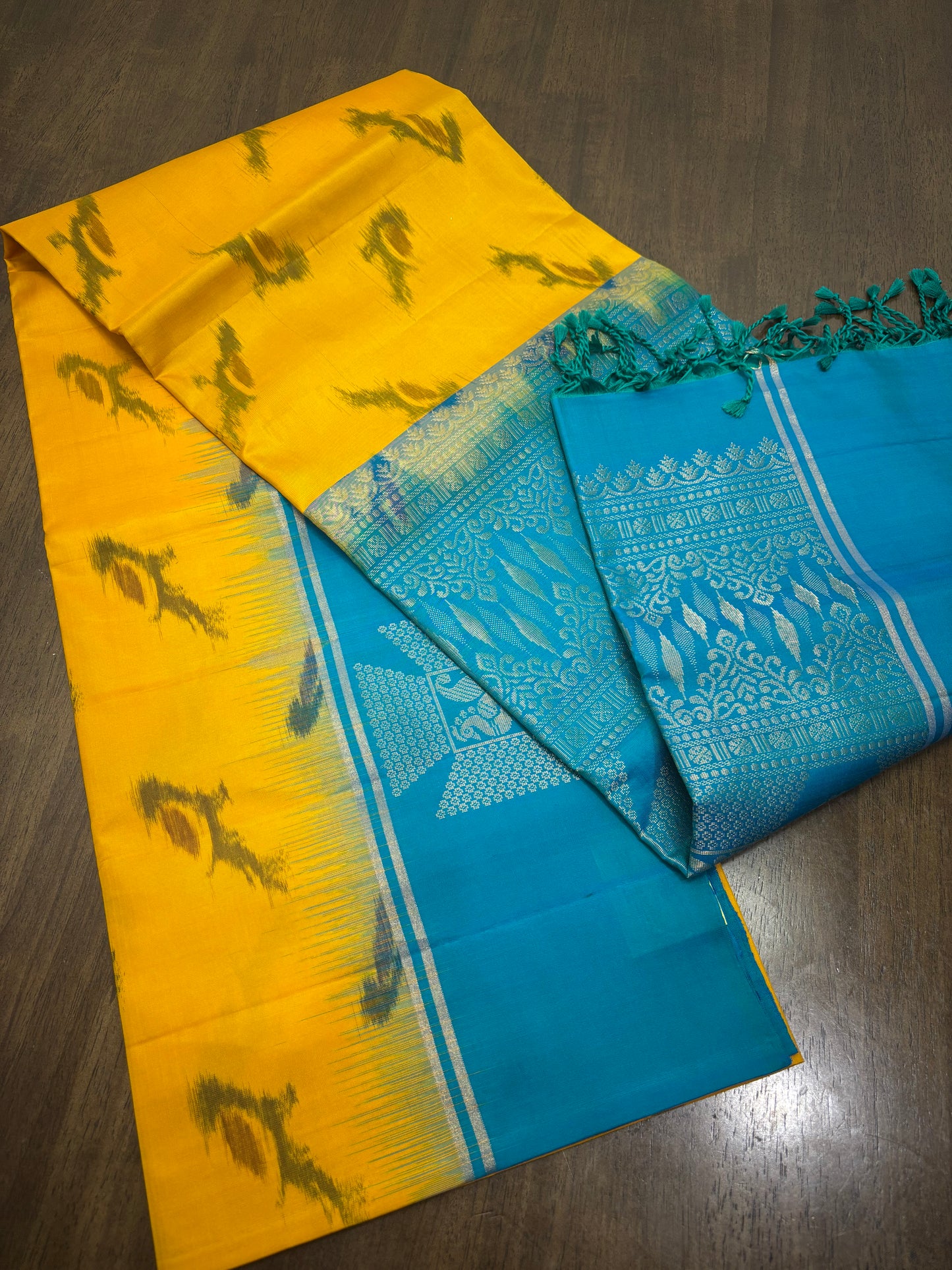 Yellow and Blue Kanchipuram Silk Saree with Parrot Motifs