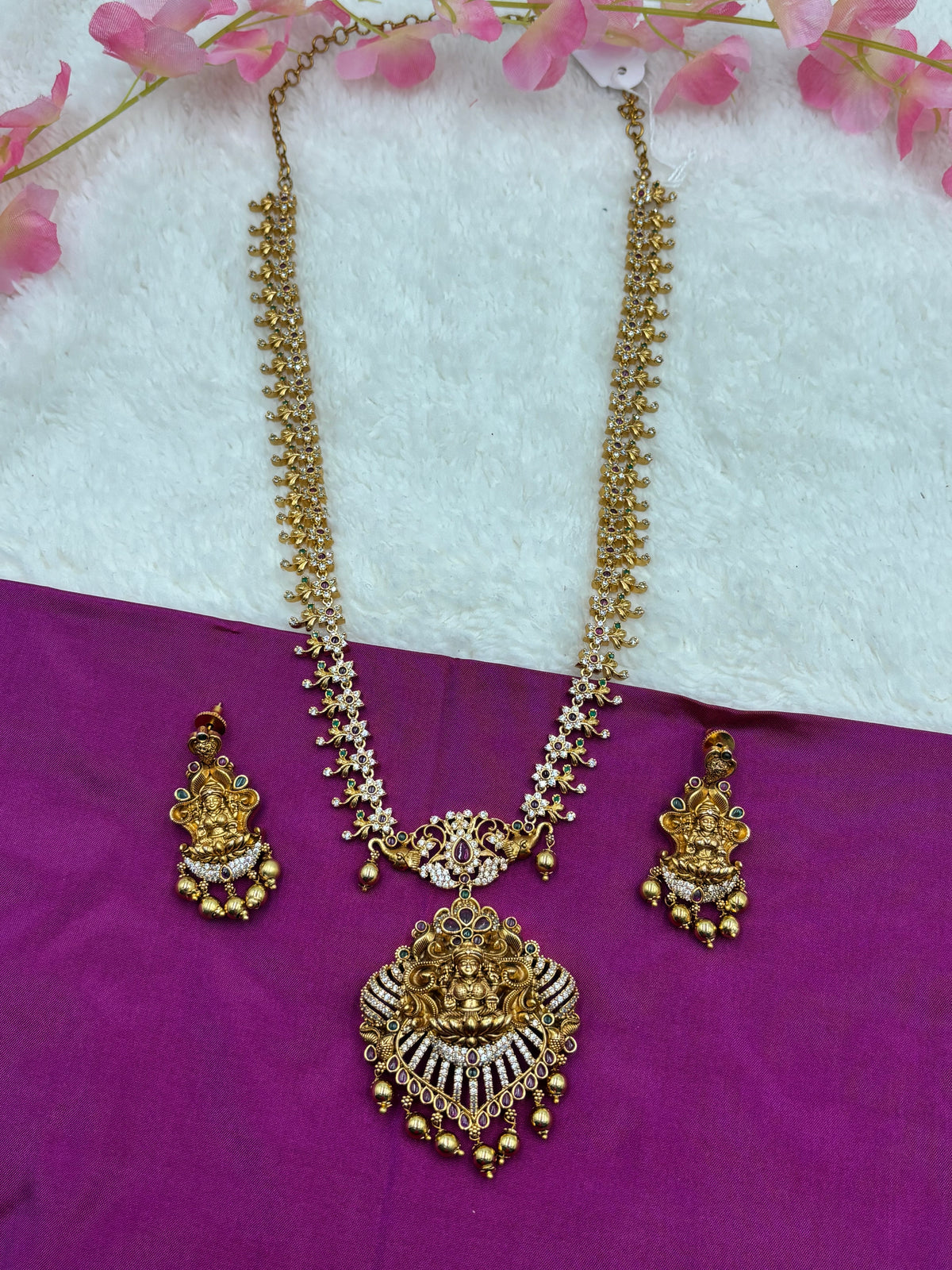 Elegant Temple Long Haram Set with Lakshmi Design & Sparkling White Stones
