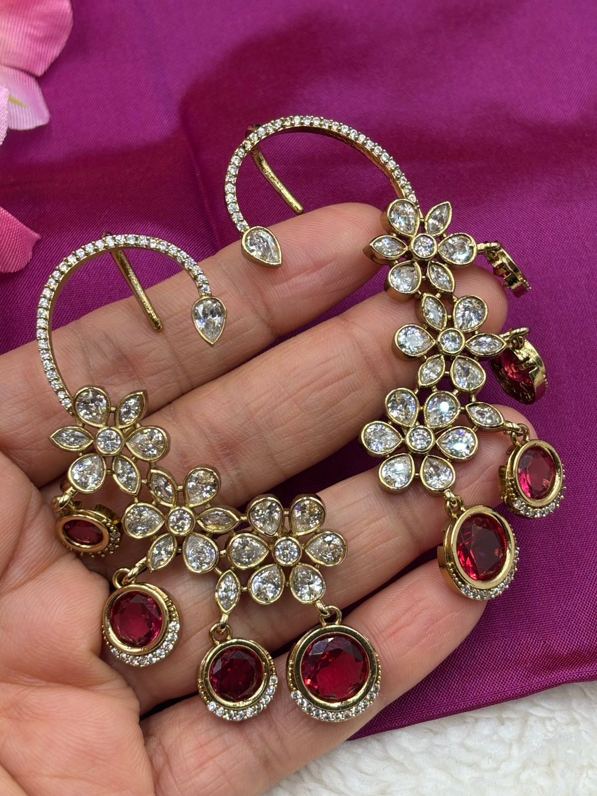 Floral Ruby Earcuff Set with Diamond Finish & Gold Base