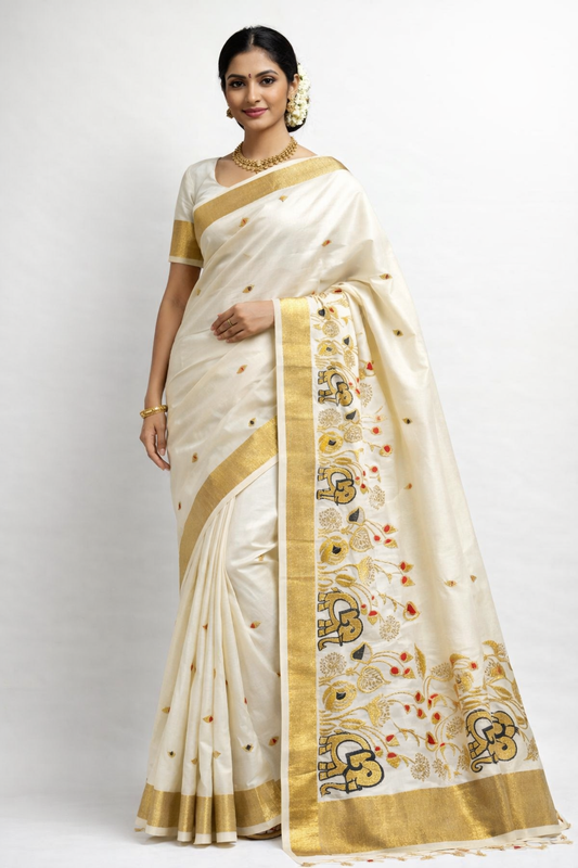 Elephant Embroidery Kerala Kasavu Saree – Traditional Cotton Saree with Golden Border | Shrees Fashion