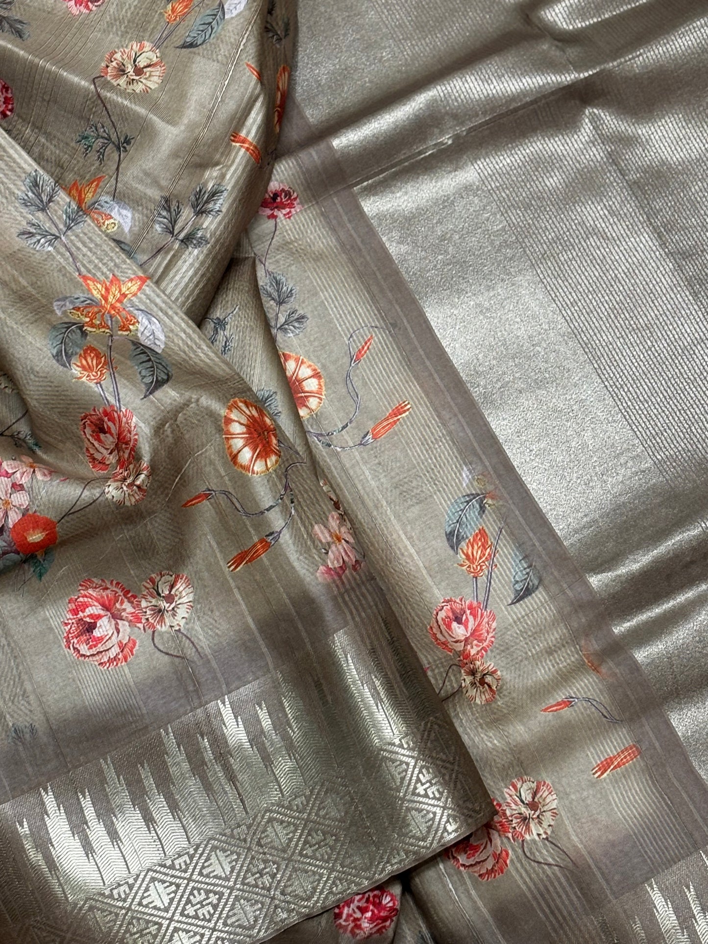 Elegant Light Brown Banarasi Tussar Saree Featuring Floral Print and Golden Border | Shrees Fashion