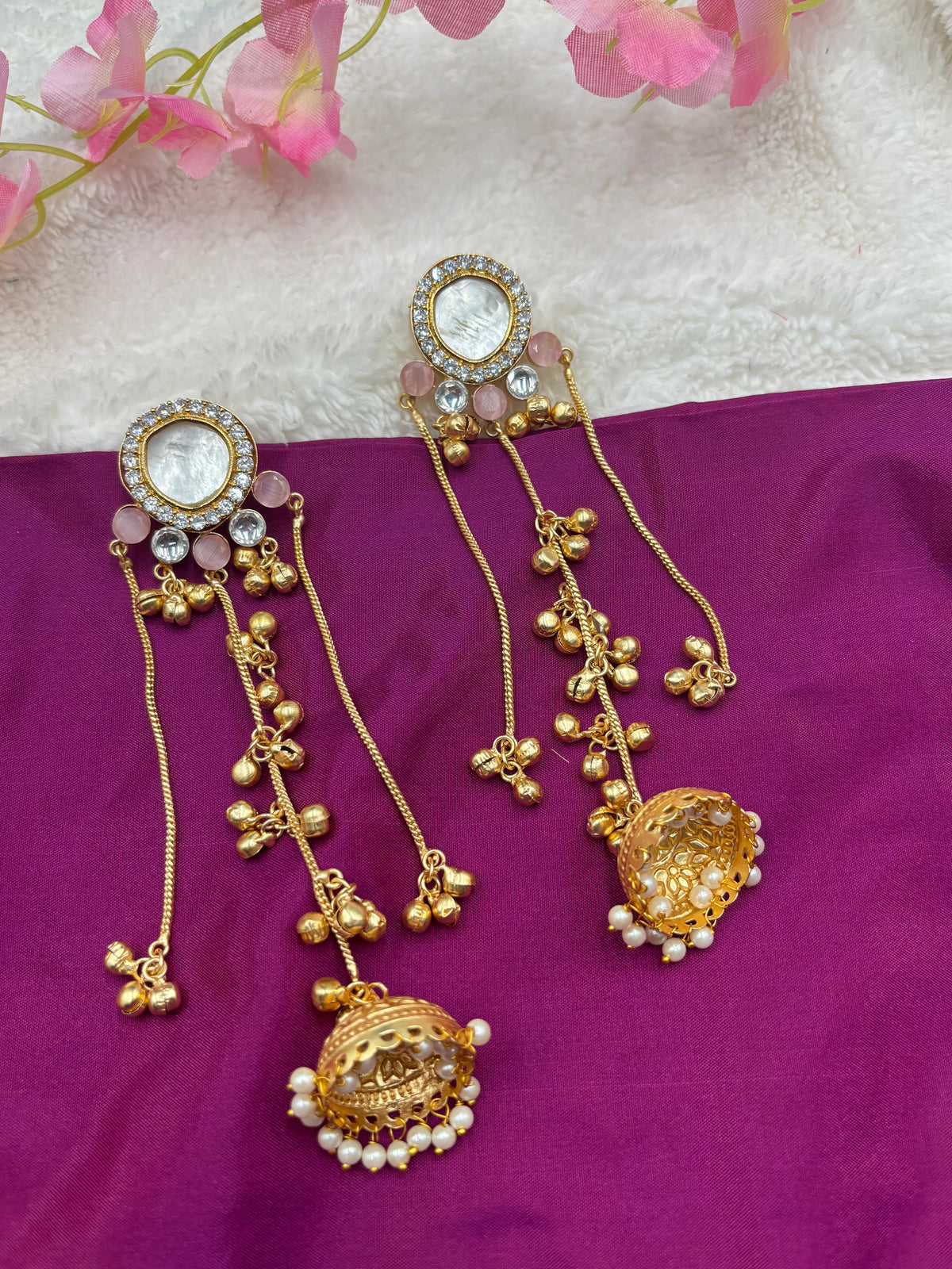 Three‑Layer Kashmiri Earrings with Kundan, Peach Beads & Pearl‑Edged Jhumka