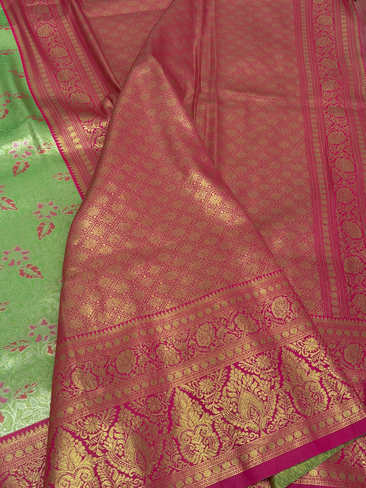 Classic Kanchi Soft Silk Saree with Parrot Green Body and Pink Border