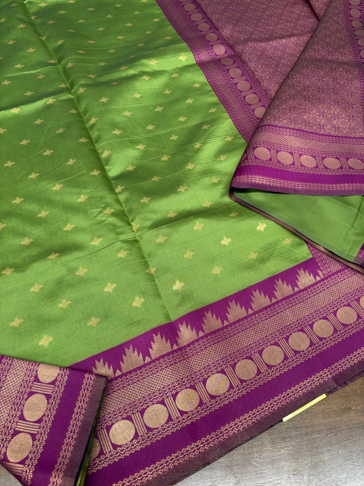 Vibrant Green Soft Silk Saree with Classic Purple Temple Zari Border & Blouse Piece Included