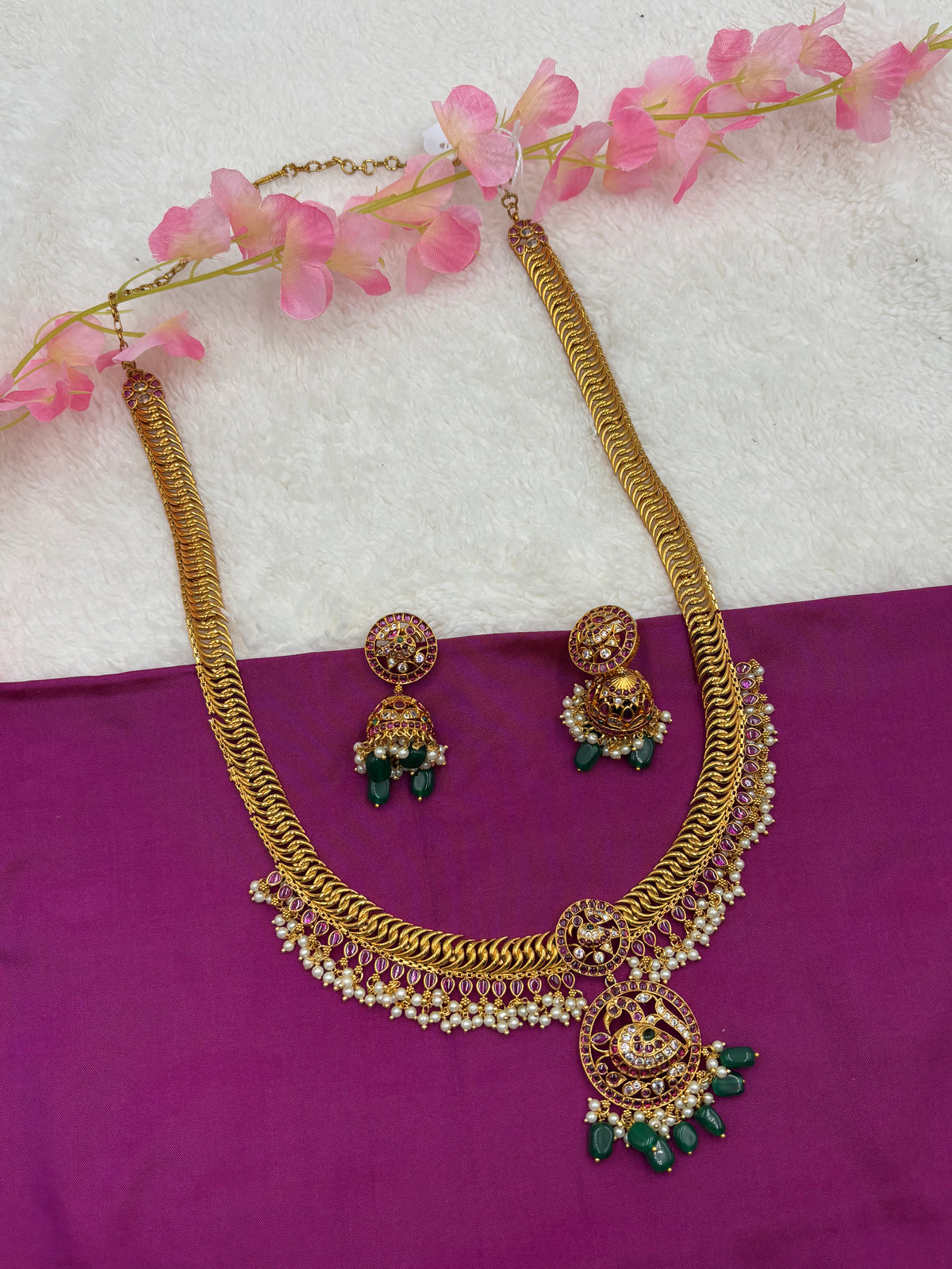 Premium Temple Long Haram Set – Gold Finish with Ruby & Green Stones