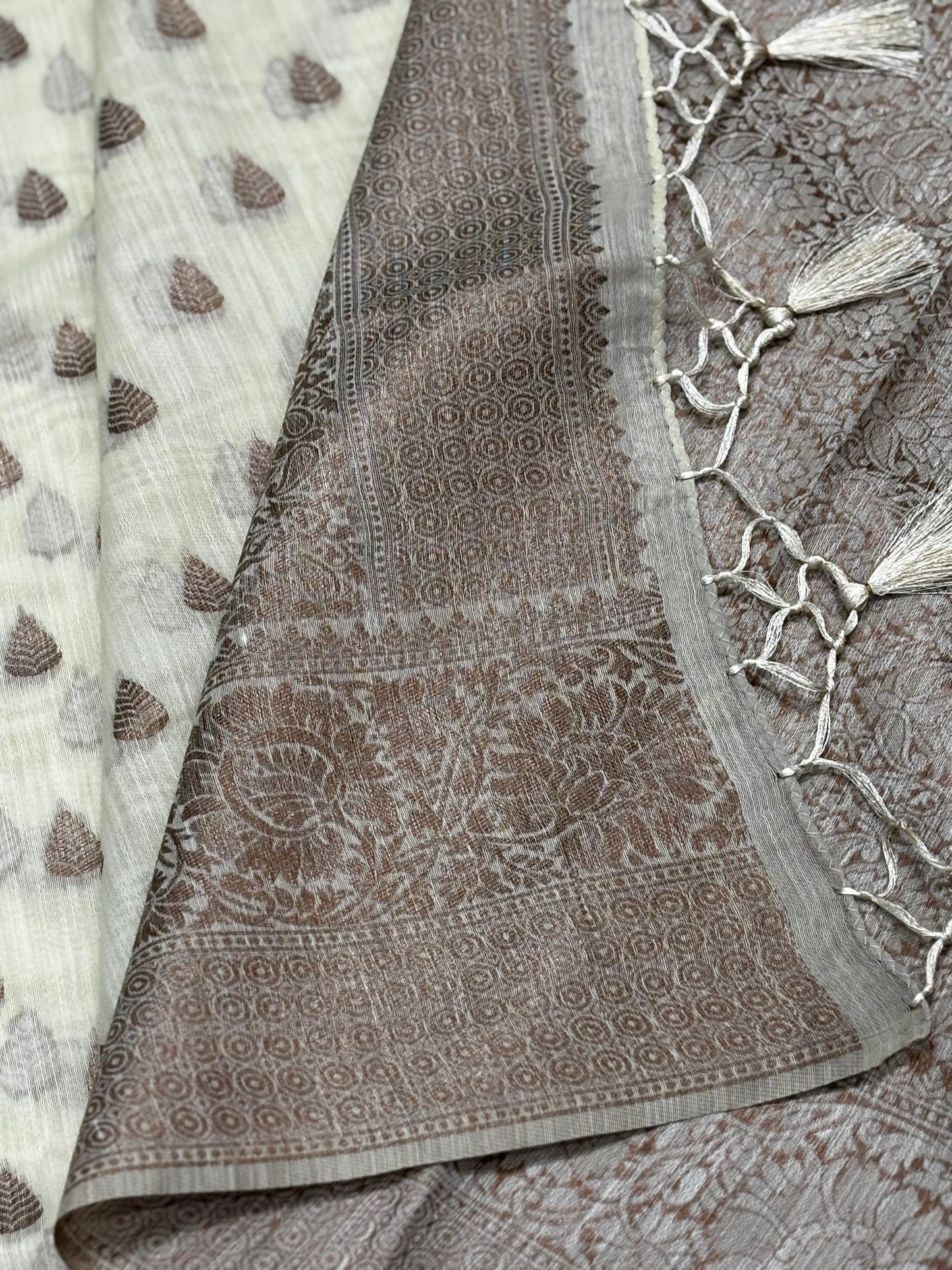 Elegant Beige Pure Tussar Saree with Brown Brocade Pallu & Antique Zari Border | Shrees Fashion
