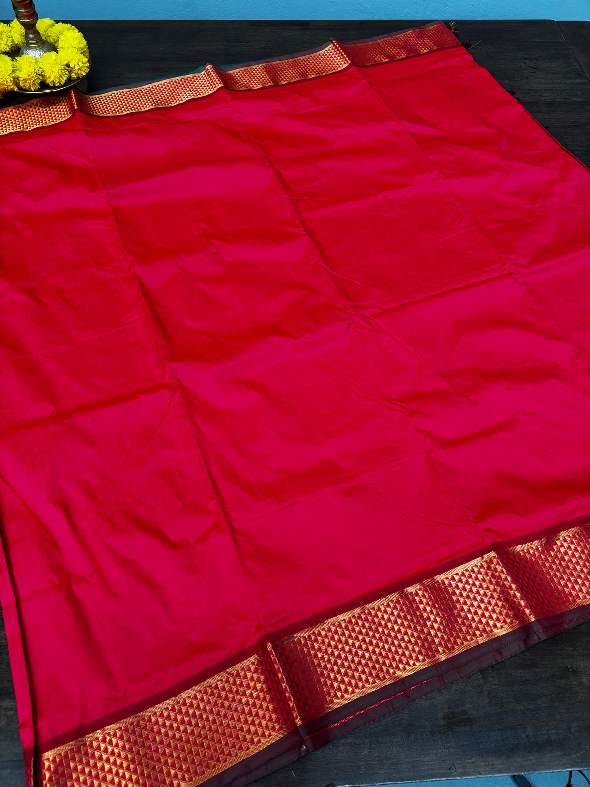Heritage Red Semi Silk Madisar with Green Pallu