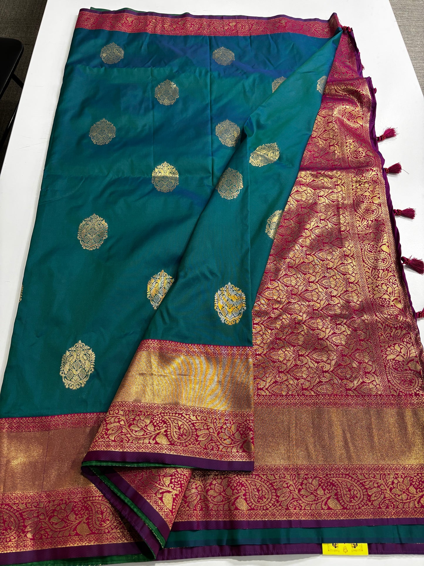 Elegant Semi Kanchipuram Silk Saree in Teal Blue & Pink Contrast