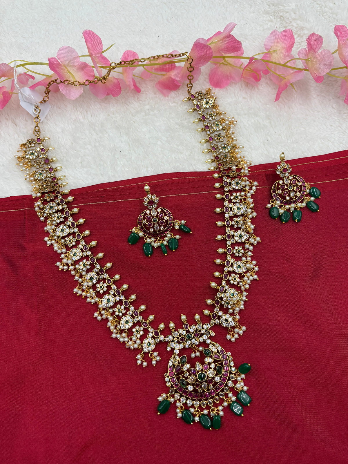 Premium Kemp Stone Long Haram Set with Chandragiri Design Pendant & Matching Earrings – Antique Gold Finish