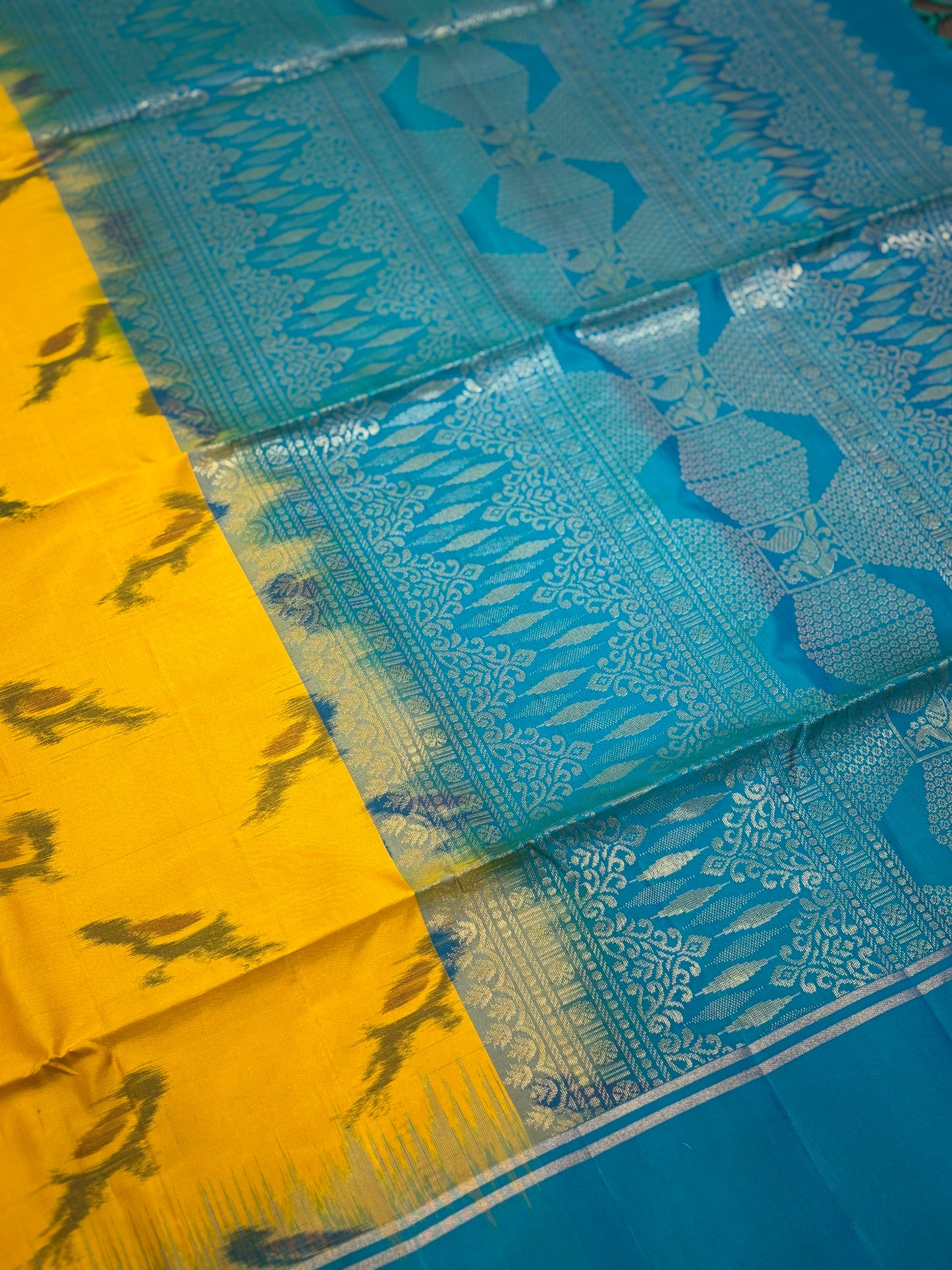 Yellow and Blue Kanchipuram Silk Saree with Parrot Motifs