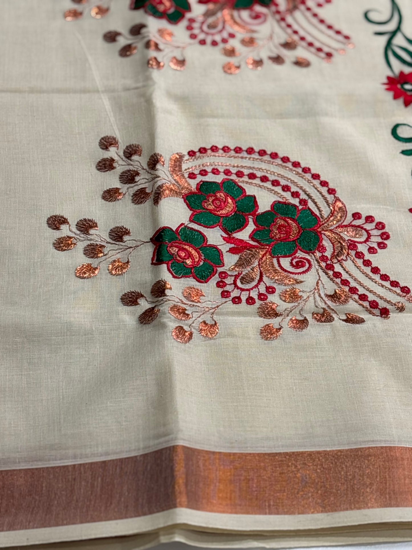 Red & Green Embroidery Kerala Kasavu Cotton Saree with Copper Zari Border | Shrees Fashion