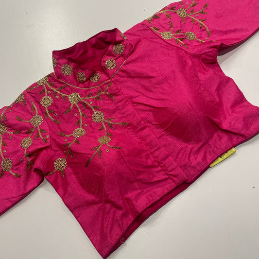 Rani Pink Collar Neck Ready-Made Blouse with Gold Embroidery – Graceful Fusion for Sarees & Festive Wear
