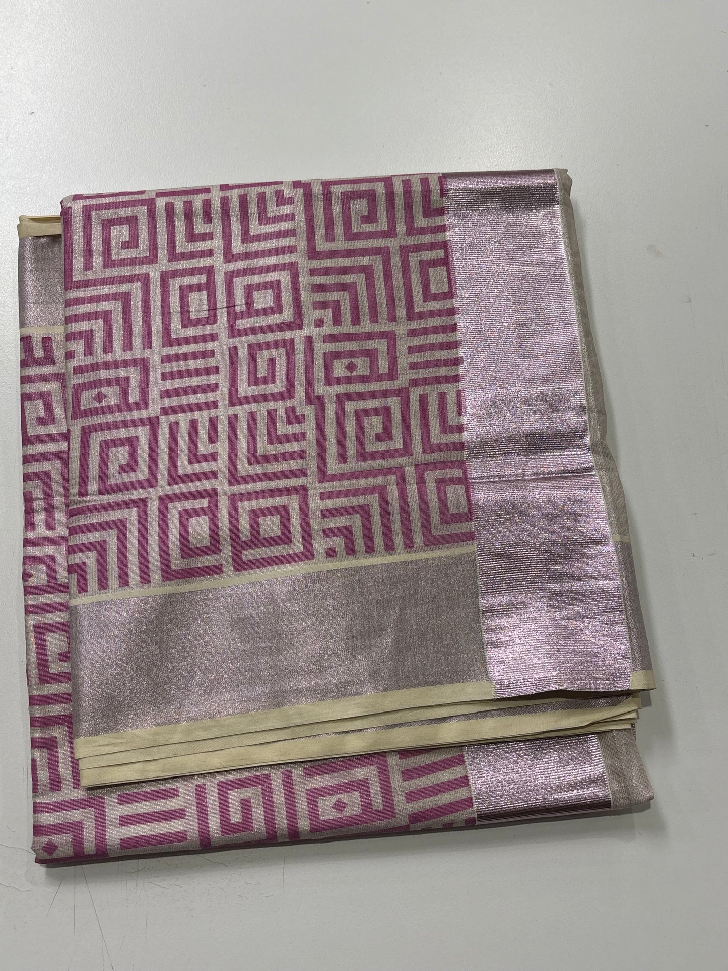 Tissue Silk Kerala Kasavu Saree with Silver Zari & Pink Checks – Traditional & Stylish | Shrees Fashion