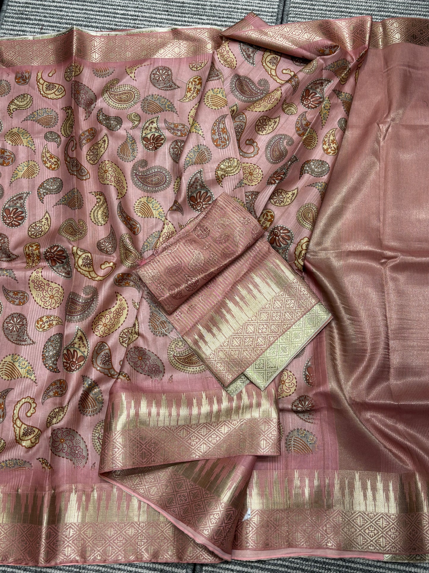 Elegant Pitch Pink Banarasi Tussar Saree with Traditional Mango Prints and Golden Detailing