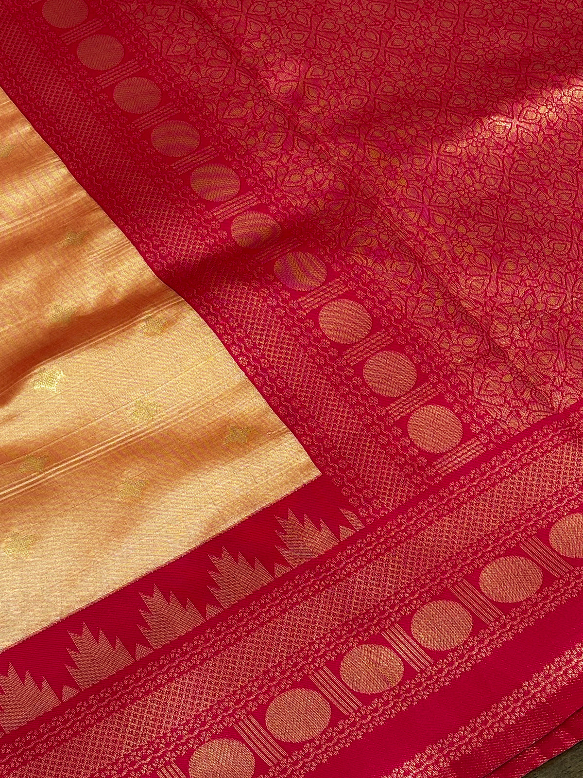 Beautiful Peach Gold Saree with Rani Pink Temple Zari Border & Blouse Piece Included