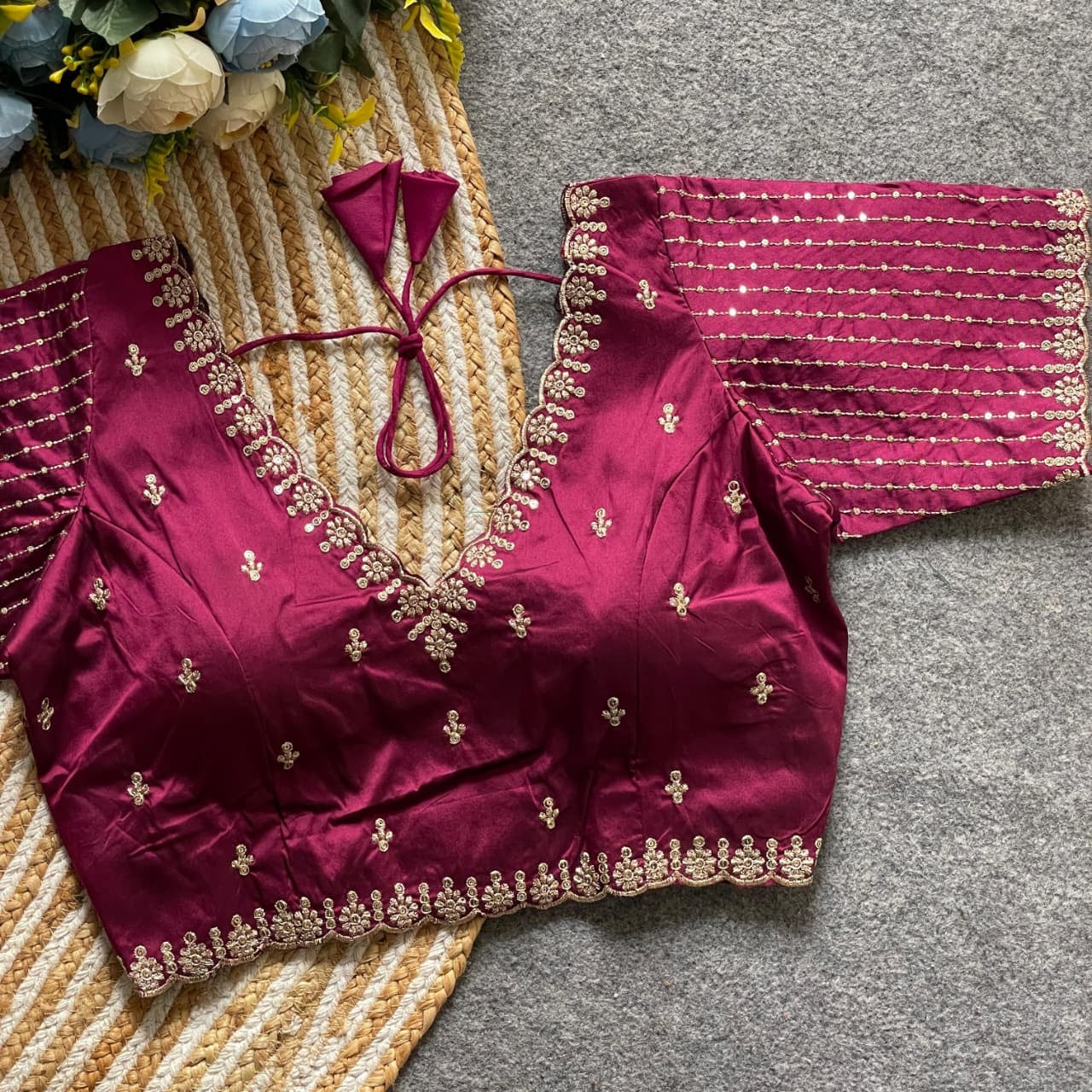 Magenta V-Neck Blouse with Intricate Golden Embroidery