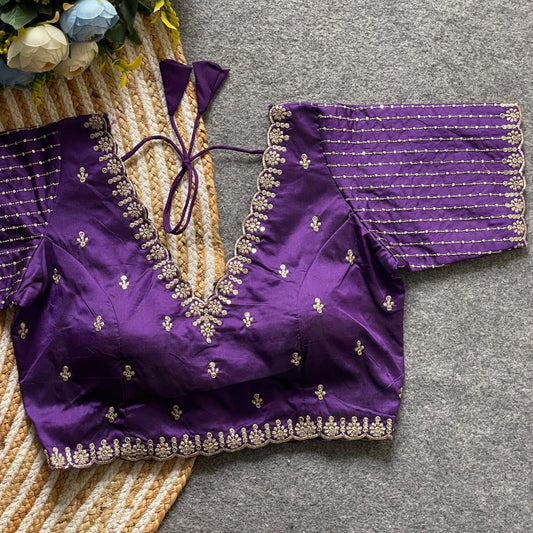 Purple Readymade Blouse with Gold Embroidery