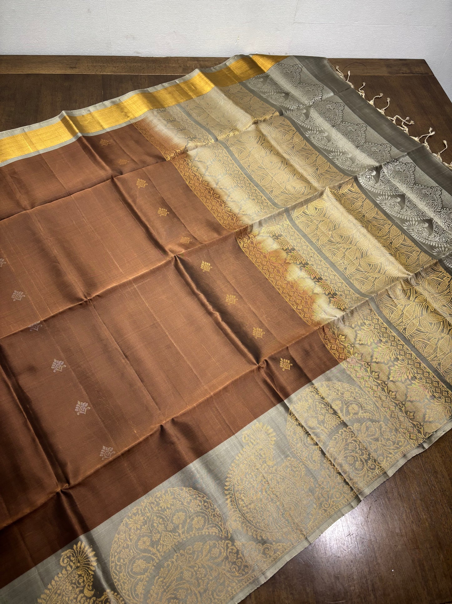 Brown and Grey Kanchipuram Silk Saree