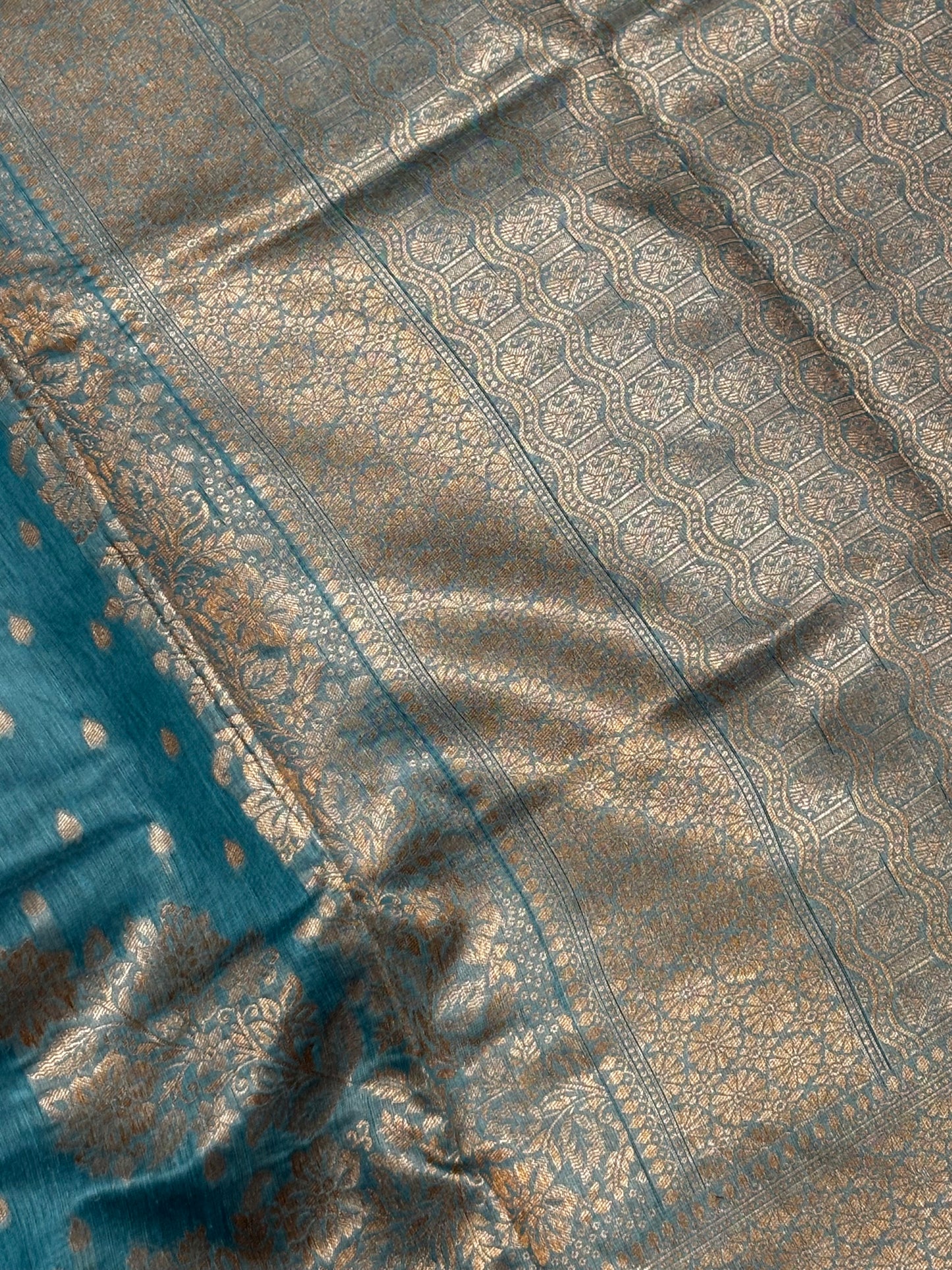 Pure Tussar Silk Saree – Blue Banarasi Design with Antique Golden Zari | Shrees Fashion
