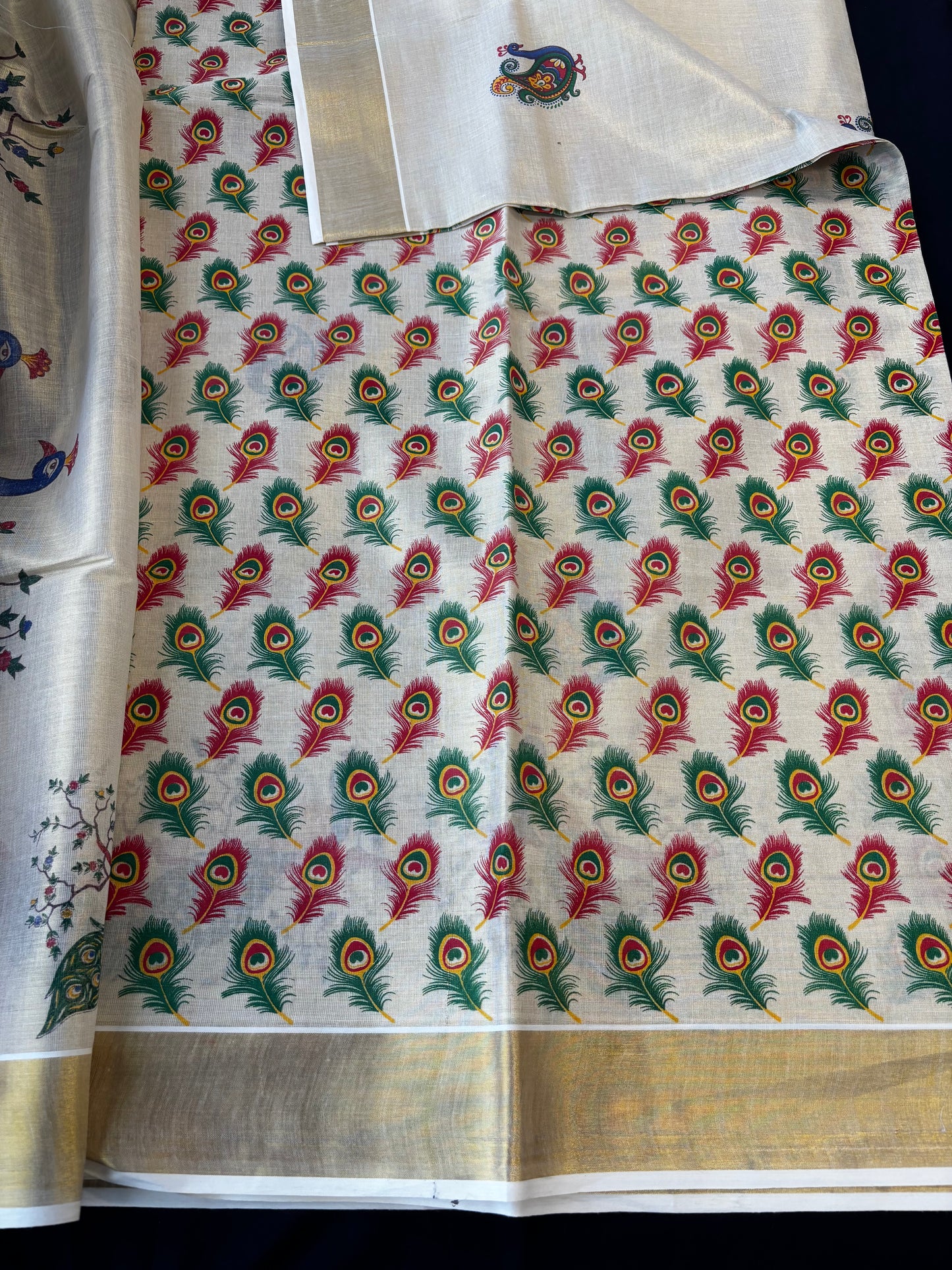Kerala Kasavu tissue silk saree with peacock and floral tree pallu – view 6