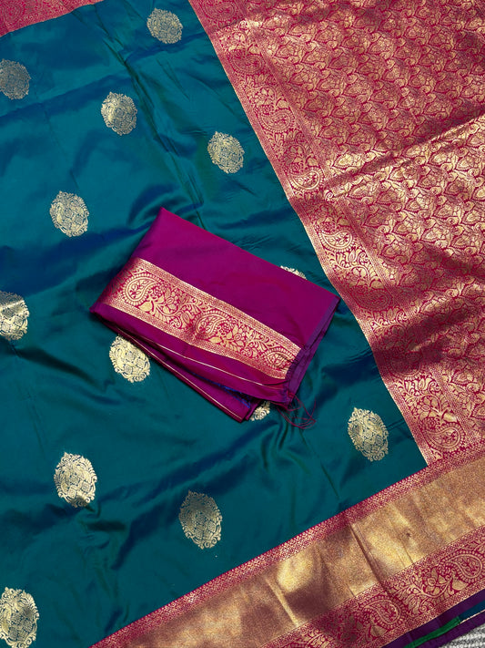 Elegant Semi Kanchipuram Silk Saree in Teal Blue & Pink Contrast
