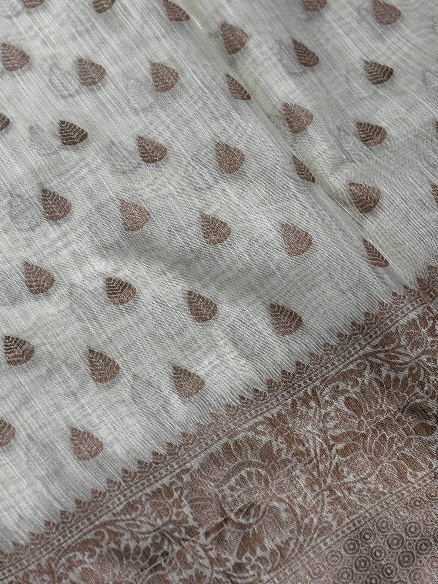 Elegant Beige Pure Tussar Saree with Brown Brocade Pallu & Antique Zari Border | Shrees Fashion