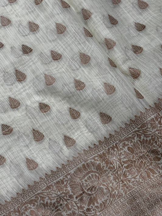 Elegant Beige Pure Tussar Saree with Brown Brocade Pallu & Antique Zari Border | Shrees Fashion