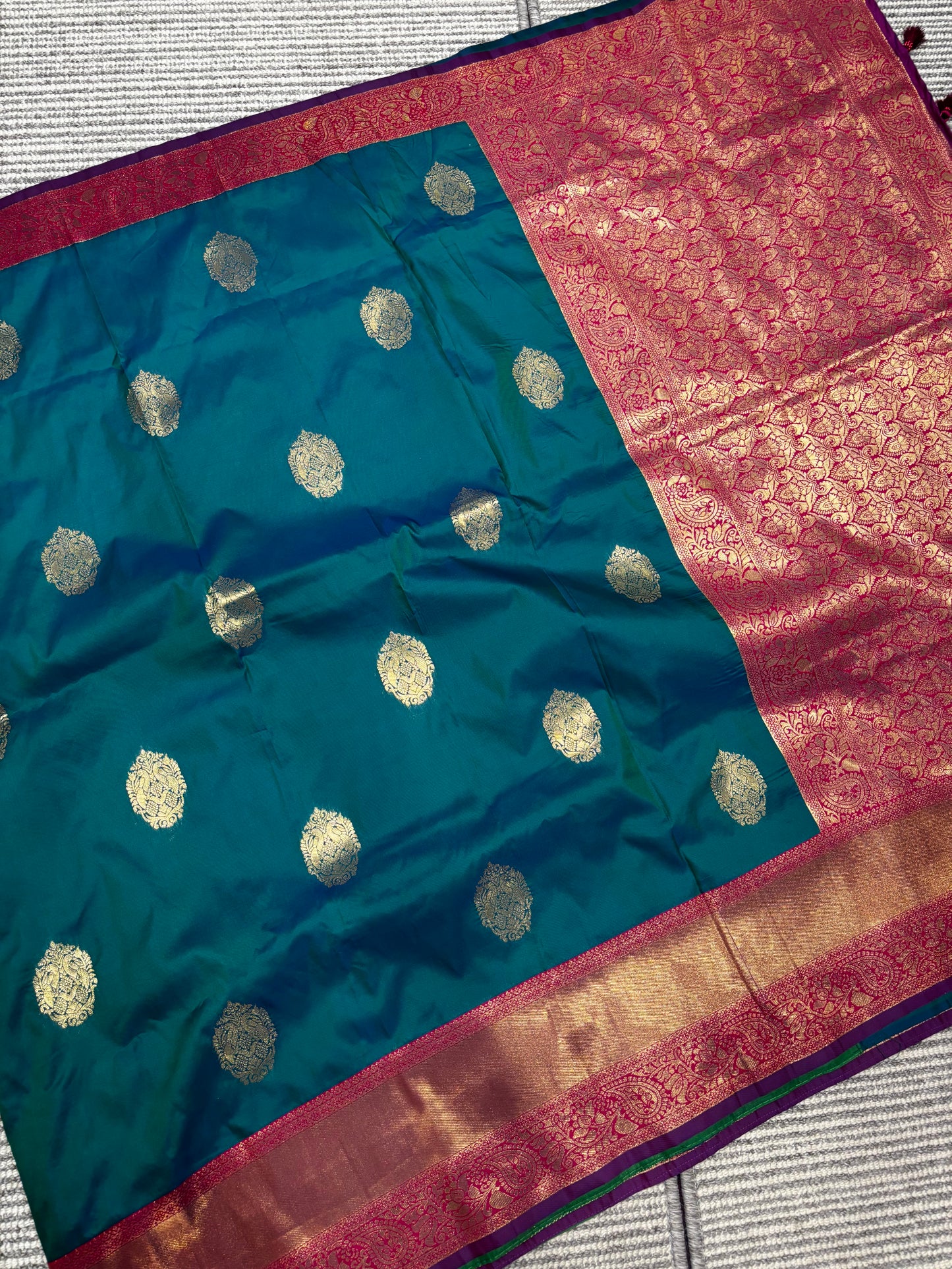 Elegant Semi Kanchipuram Silk Saree in Teal Blue & Pink Contrast