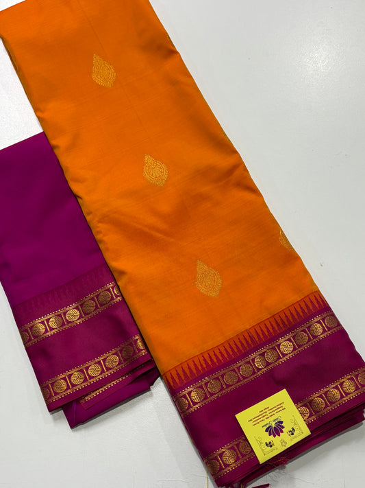 Kanchipuram Semi Silk Saree – Mango Yellow Body with Magenta Border and Pallu