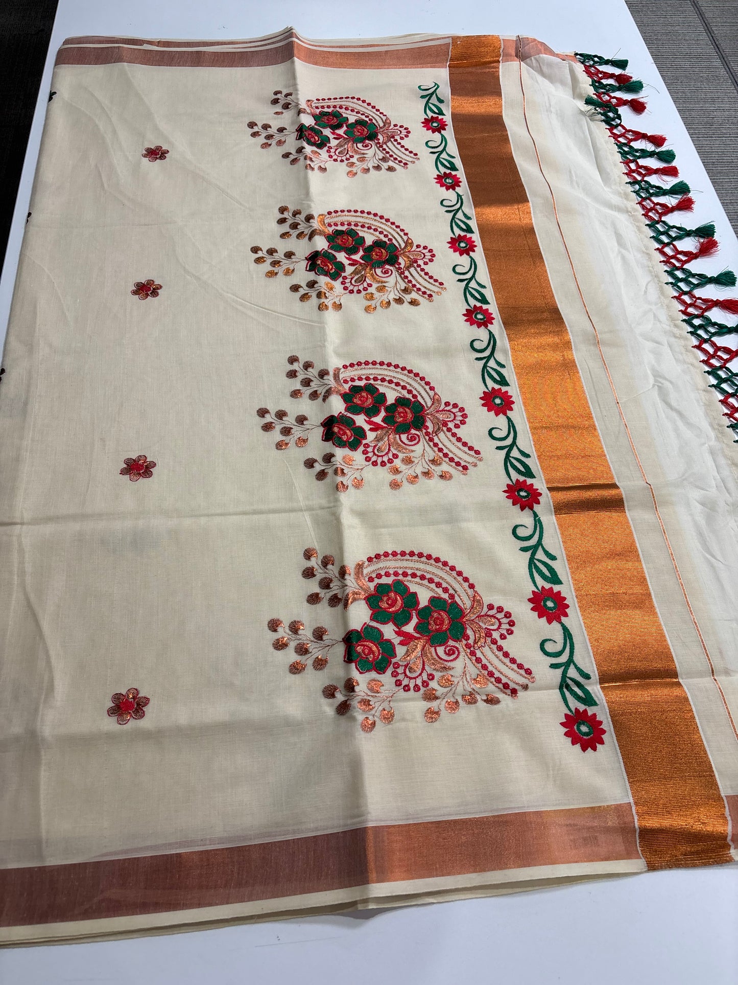Red & Green Embroidery Kerala Kasavu Cotton Saree with Copper Zari Border | Shrees Fashion