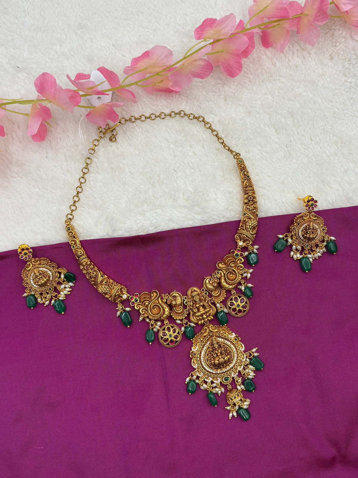 Premium Nakshi Design Temple Necklace Set with Green Beads & Matching Earrings