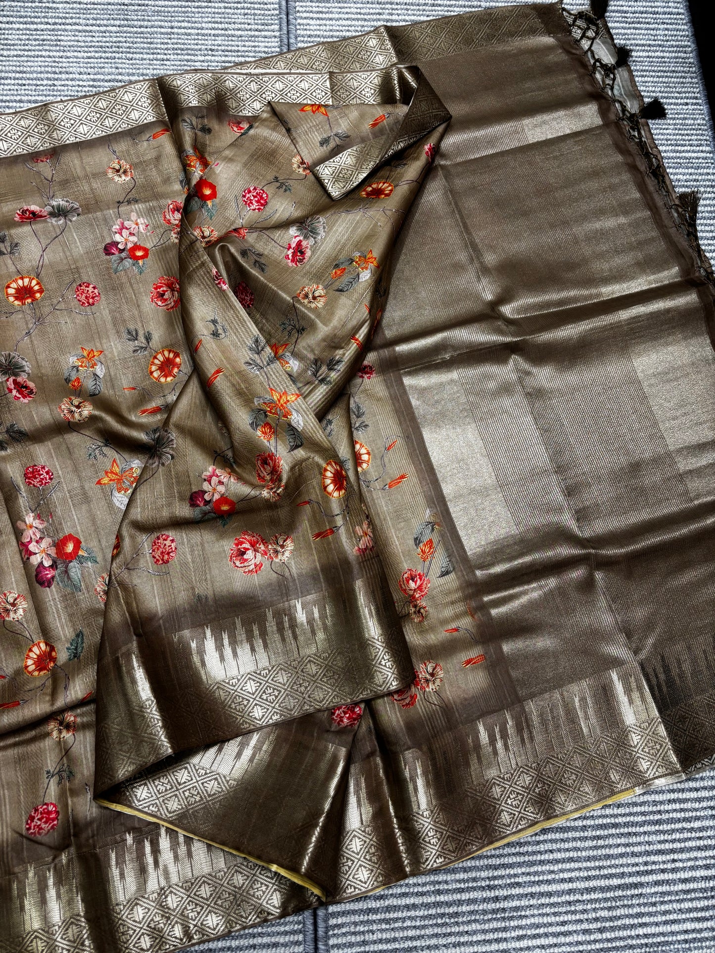 Elegant Light Brown Banarasi Tussar Saree Featuring Floral Print and Golden Border | Shrees Fashion