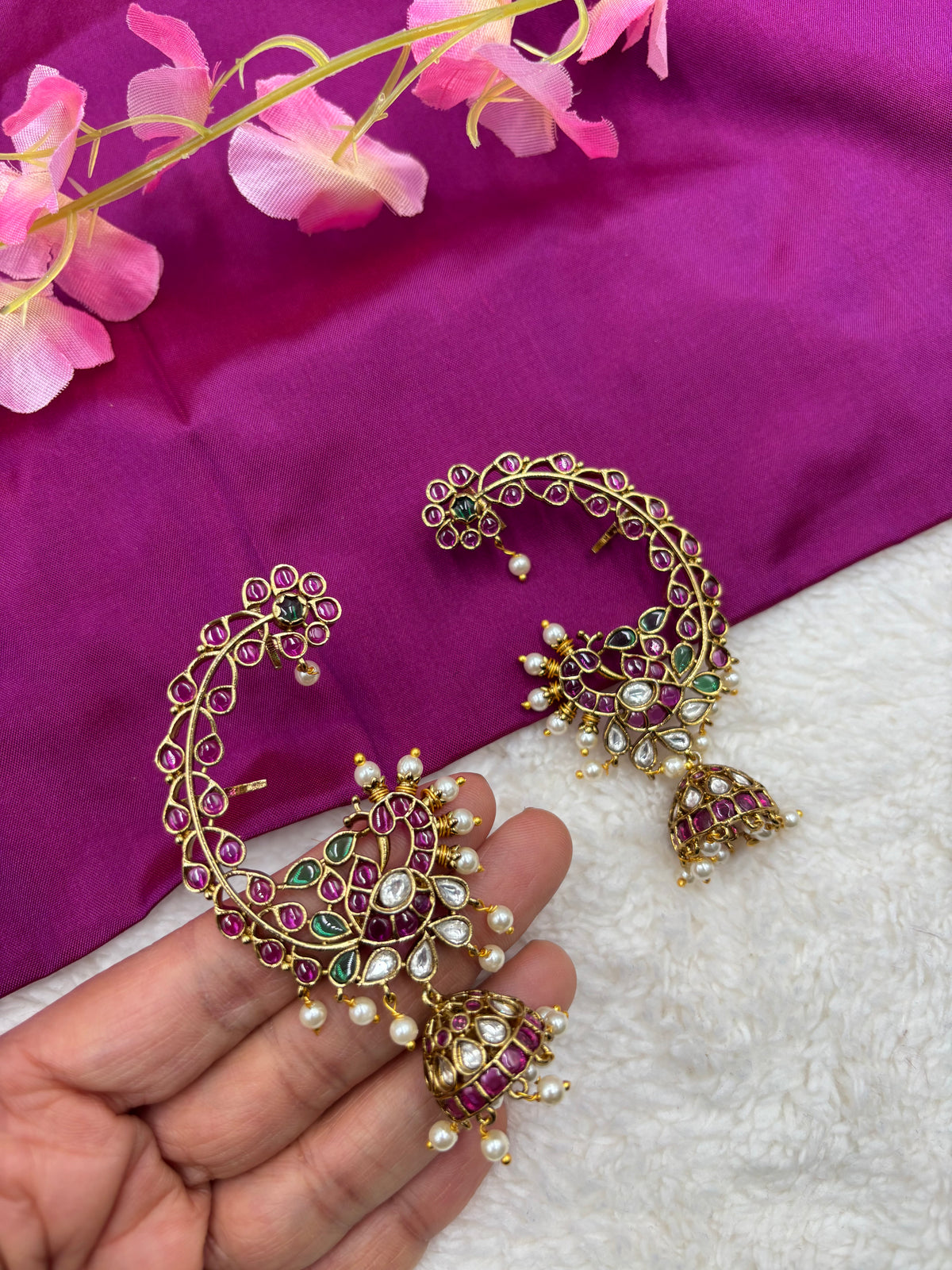 Antique Peacock‑Style Jhumka Earcuff with Ruby, Green & Pearl Detailing
