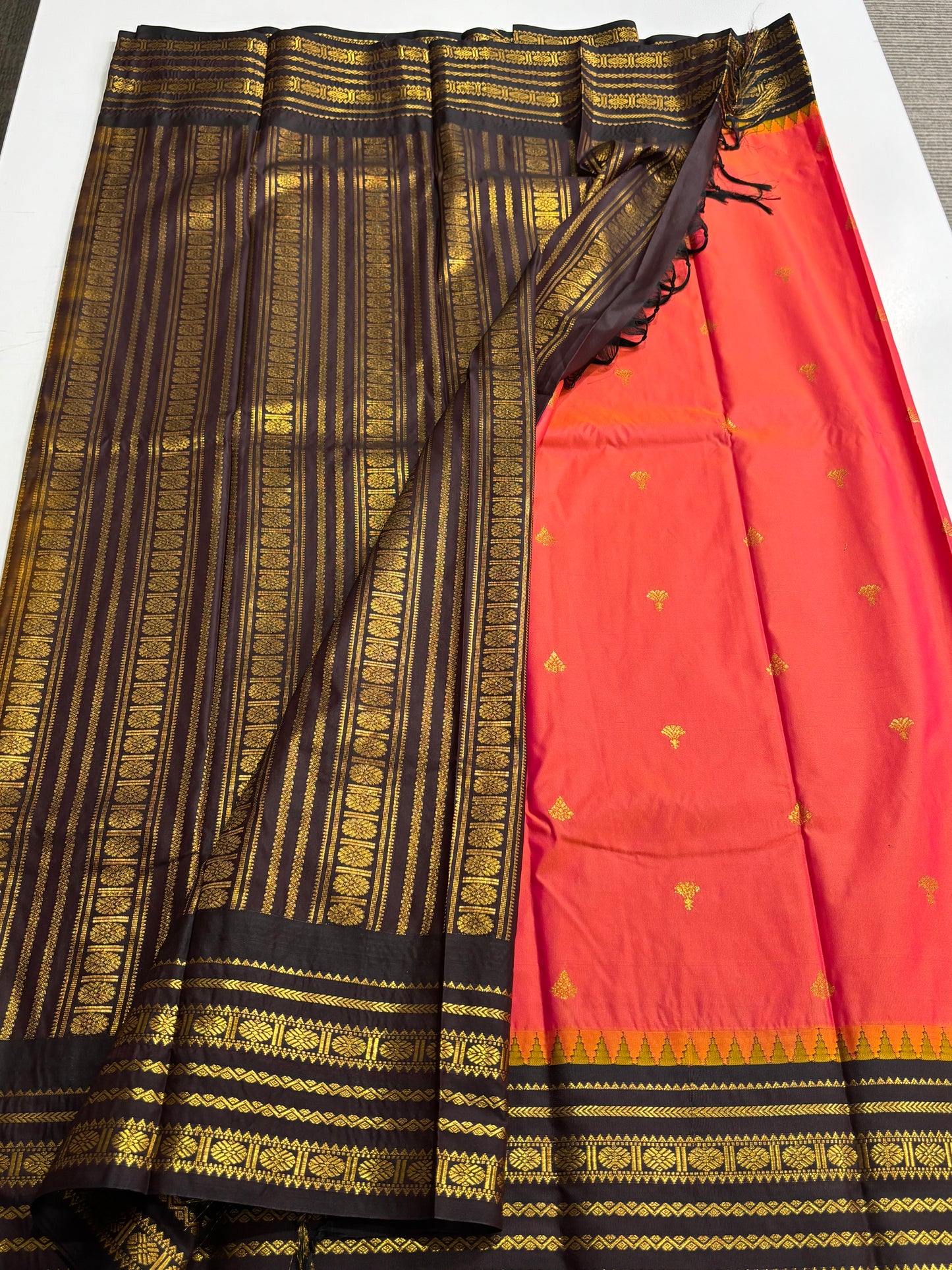 Peach & Brown Kanchipuram Semi Silk Saree with Contrast Border & Pallu