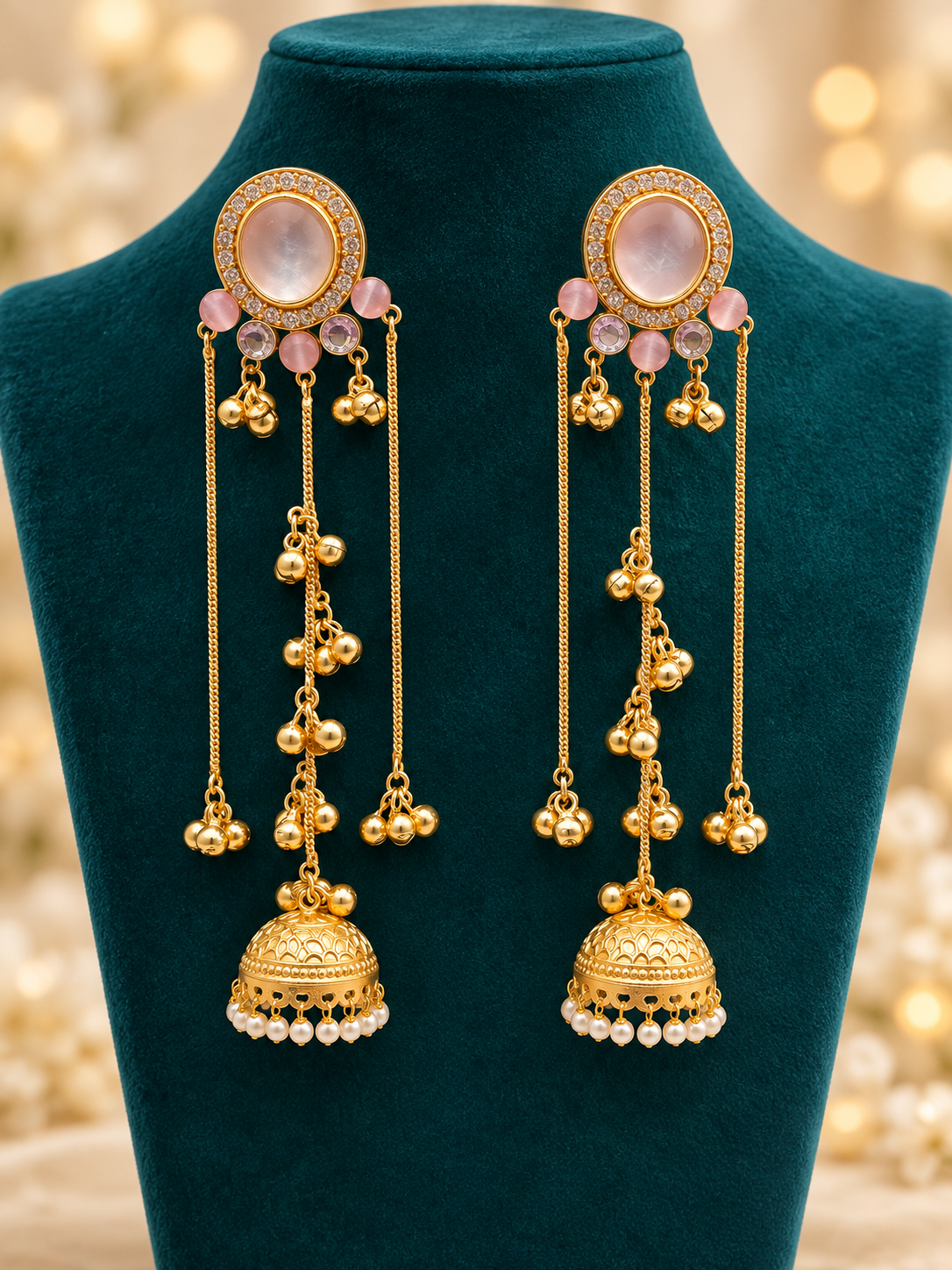 Three‑Layer Kashmiri Earrings with Kundan, Peach Beads & Pearl‑Edged Jhumka