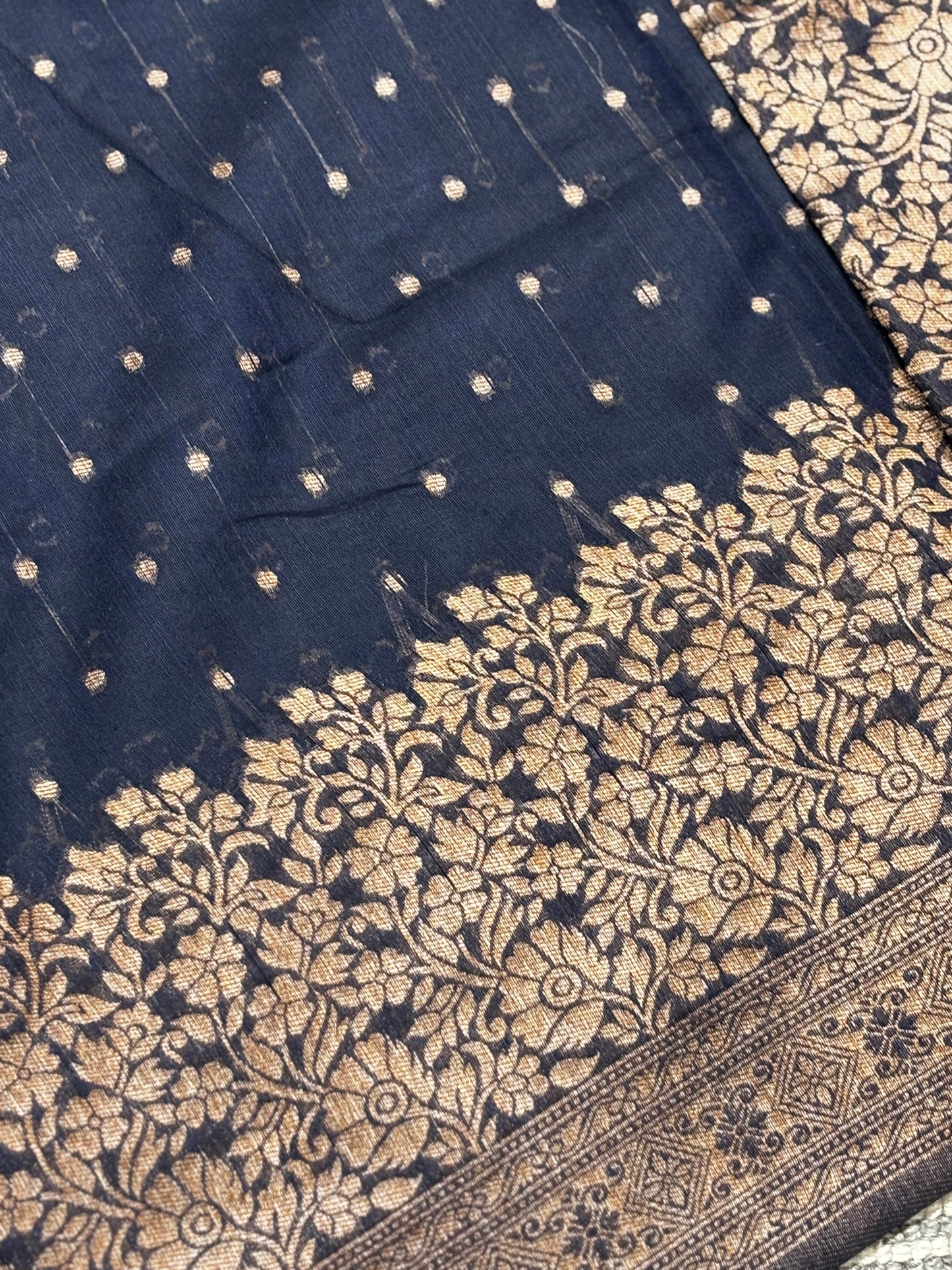 Elegant Dark Blue Tussar Silk Saree with Antique Golden Border & Rich Brocade Pallu