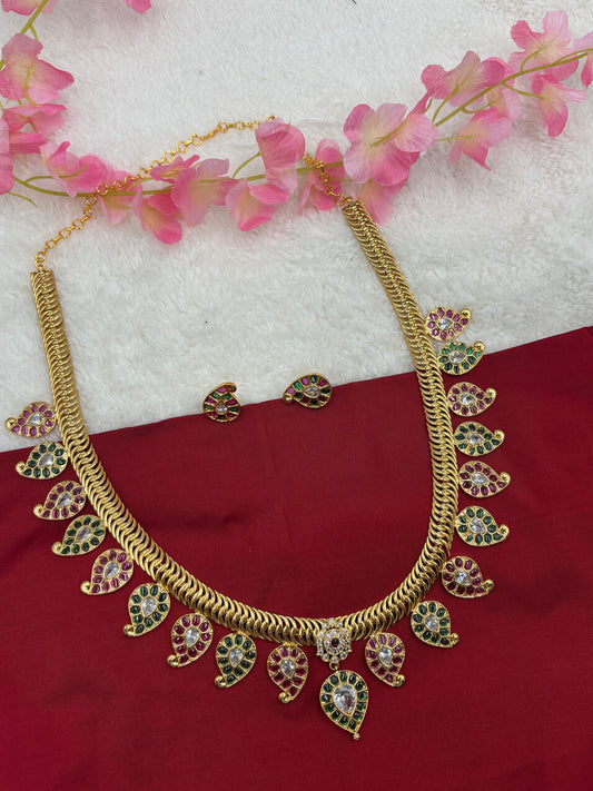 Gold Mango Design Long Haram Set with Green & Pink Kemp Stones – Traditional South Indian Style