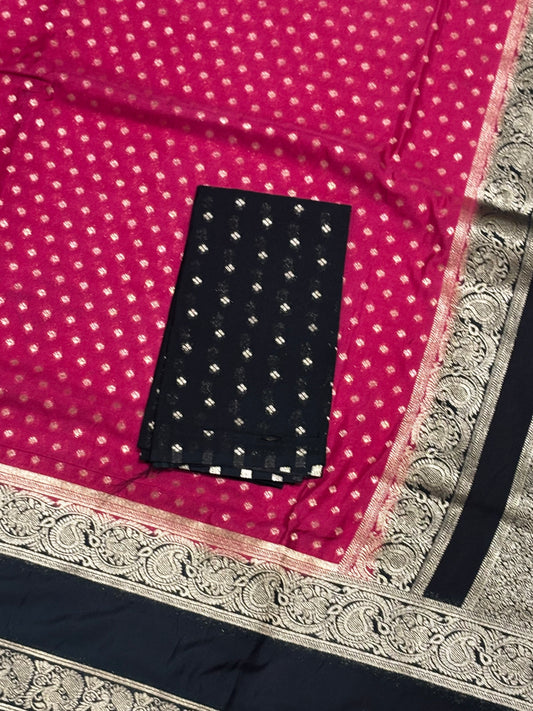 Elegant Pink Banarasi Soft Silk Saree with Elephant Black Border, Pallu & Contrast Blouse Piece | Shrees Fashion