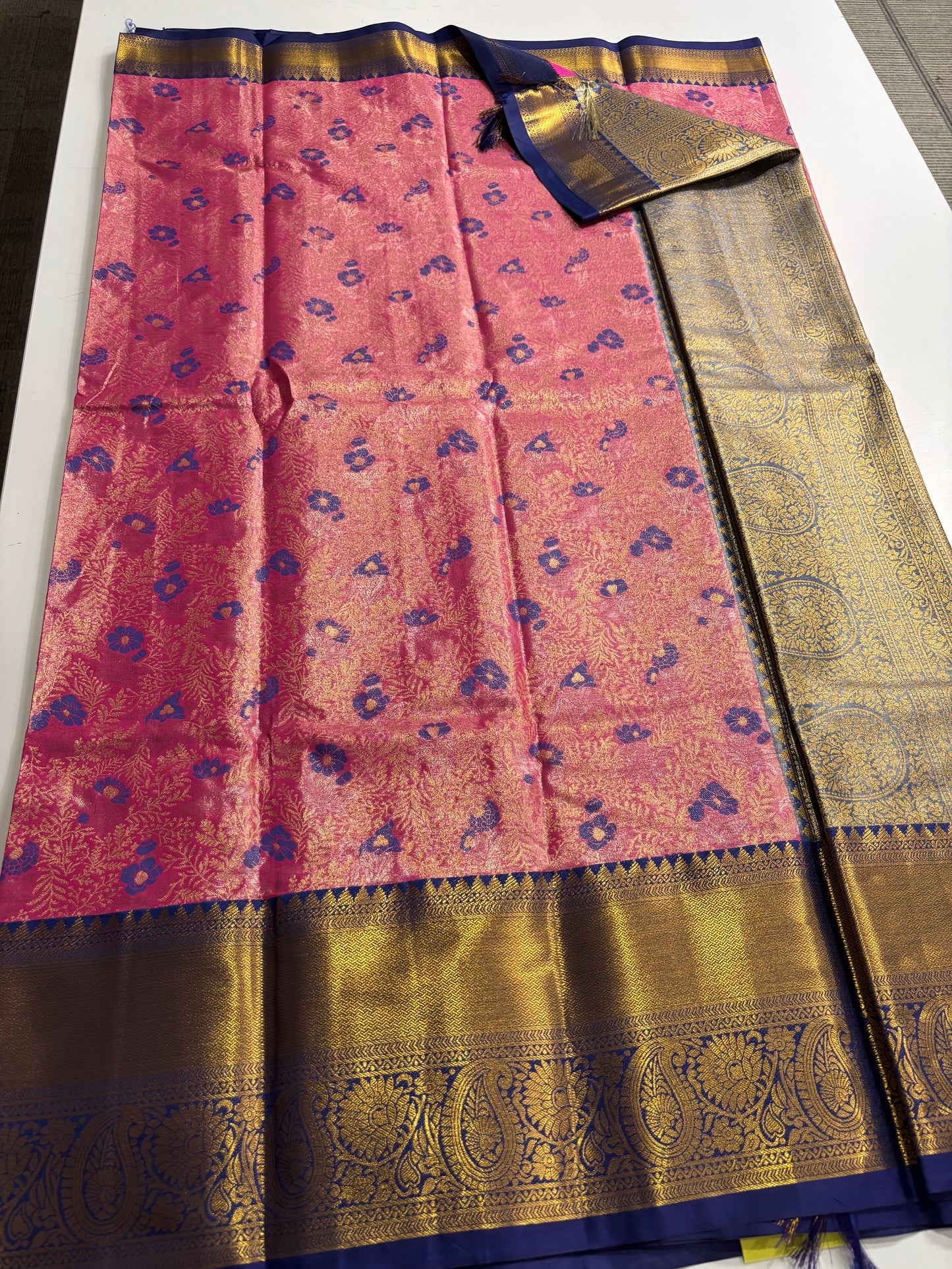 Elegant Baby Pink Semi Silk Saree with Blue Highlights & Traditional Contrast Detailing