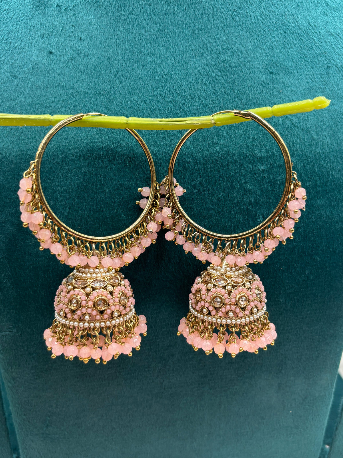 Hoop Jhumka Earrings with Kundan, Pearls & Peach Beads