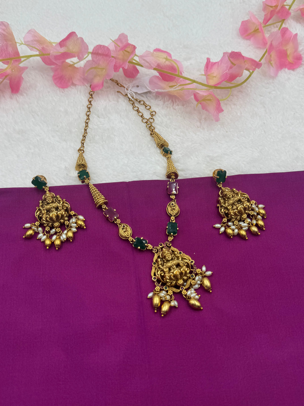Antique Temple Necklace Set – Gold Finish with Green and Ruby Stones & Earrings