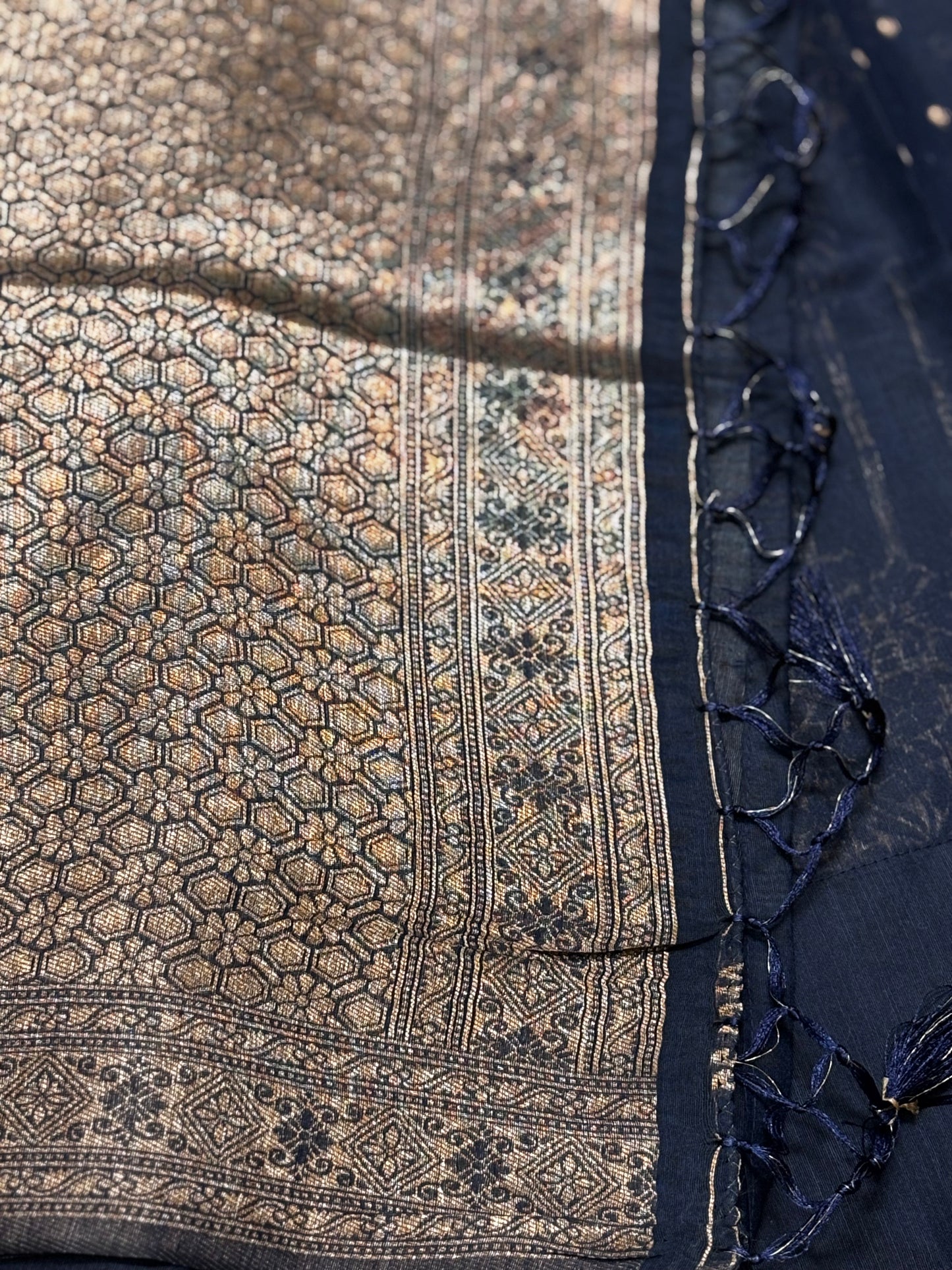 Elegant Dark Blue Tussar Silk Saree with Antique Golden Border & Rich Brocade Pallu