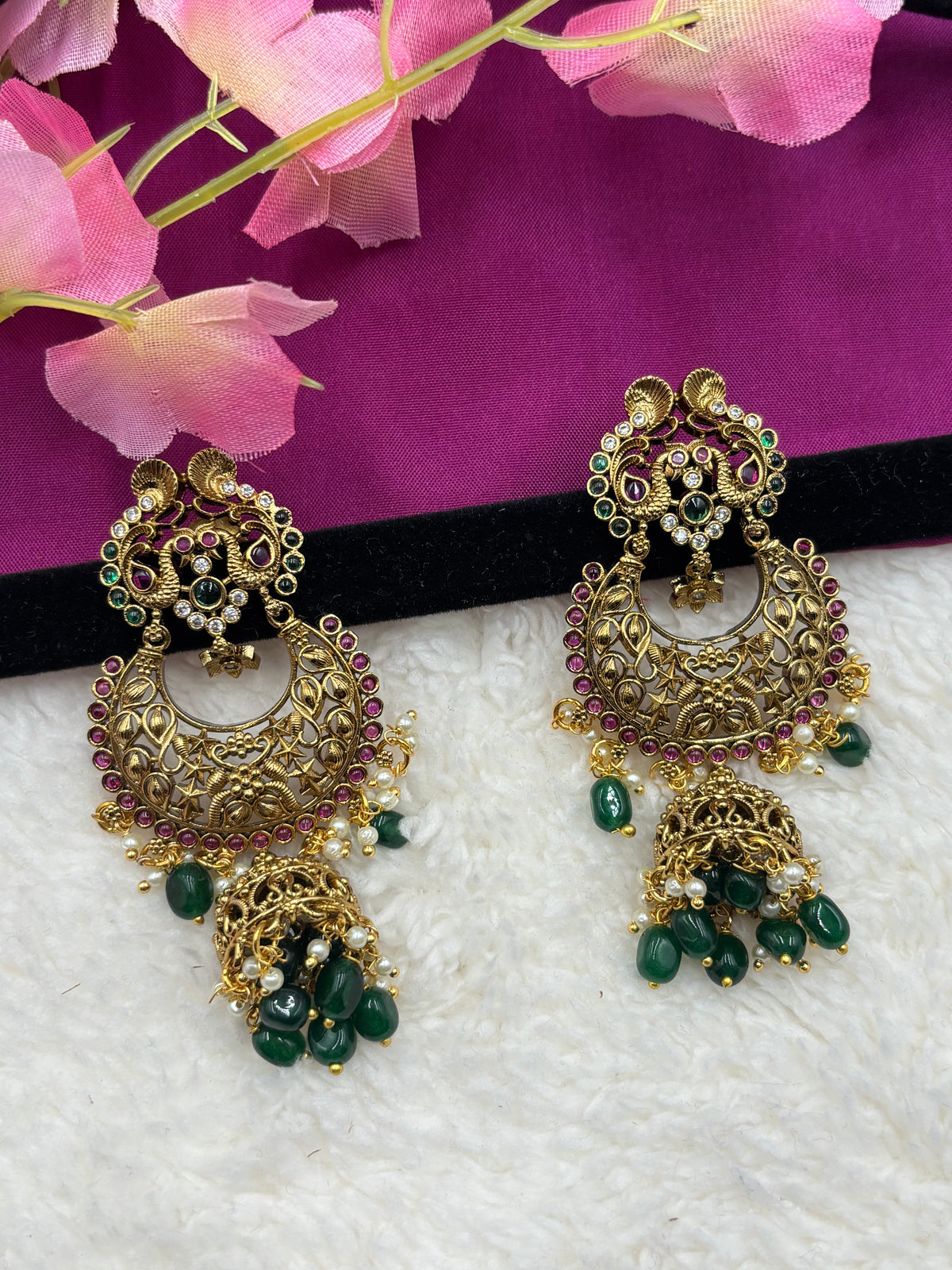 Antique Gold Peacock‑Style Chandbali Jhumka Earrings with Pink Stones & Green Beads