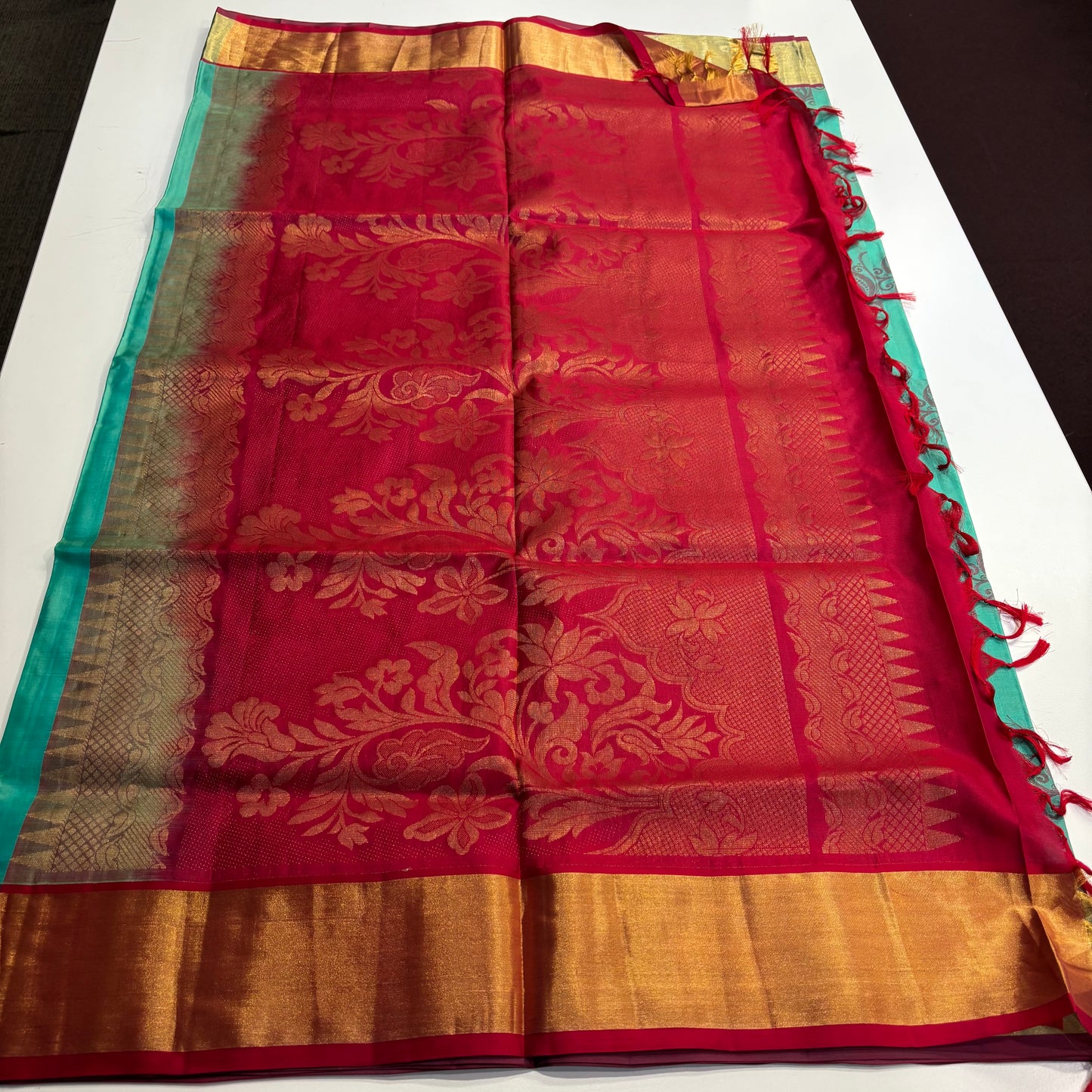 Pure Kanchipuram Silk Saree – Cyan Grace with Rani Pink Radiance